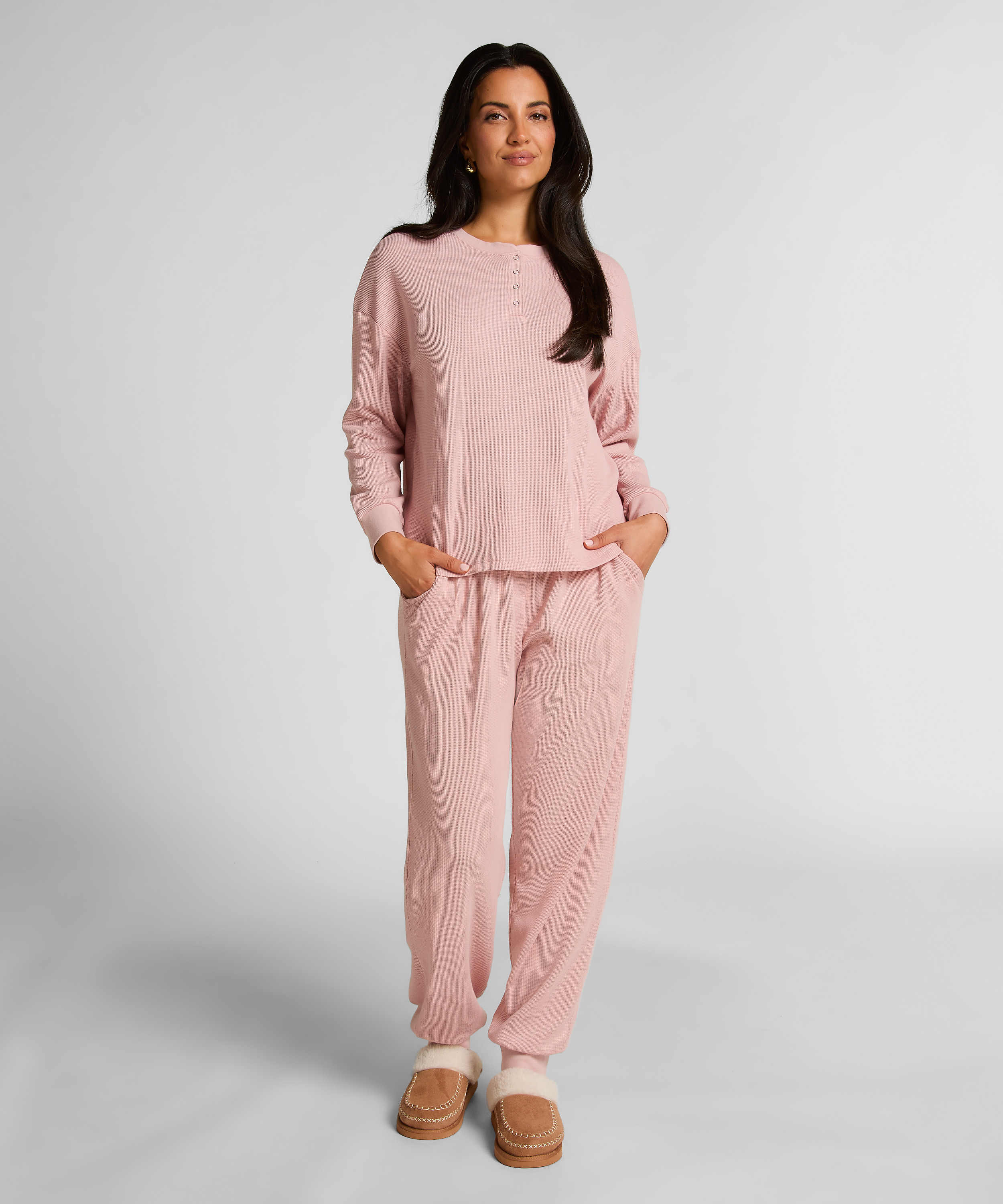 Top van wafelstof Henley, Roze, main