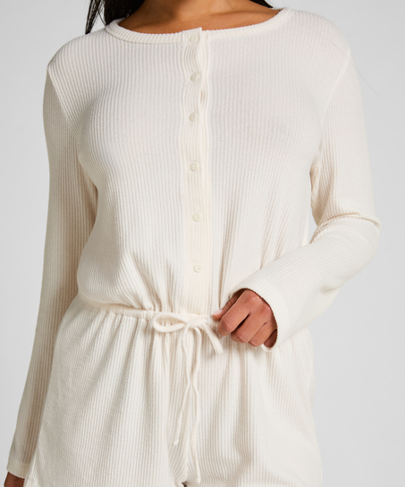 Combinaison de pyjama courte en jersey c&ocirc;tel&eacute;, Blanc