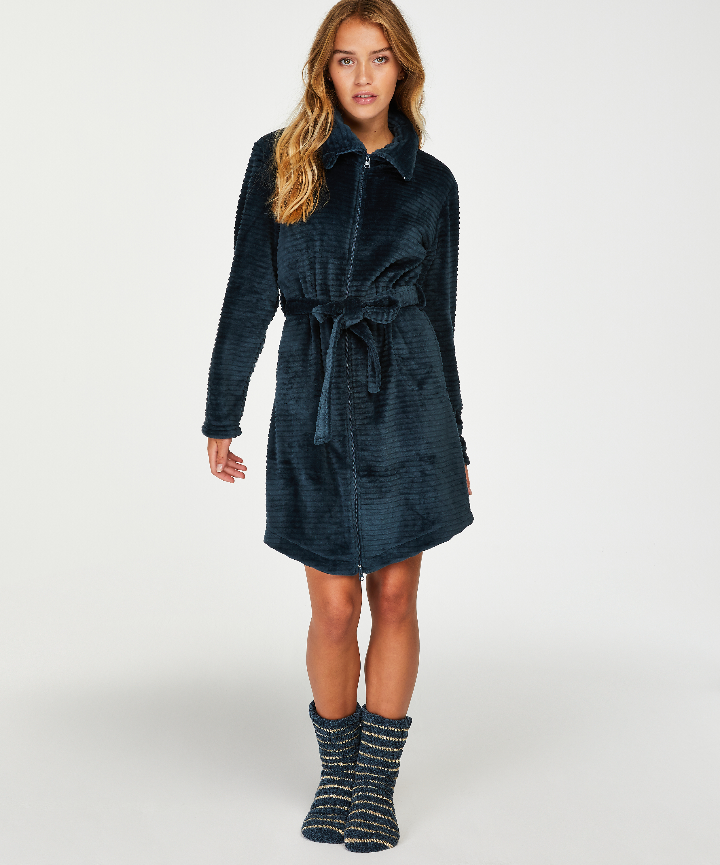 Peignoir en molleton avec fermeture éclair, Bleu, main