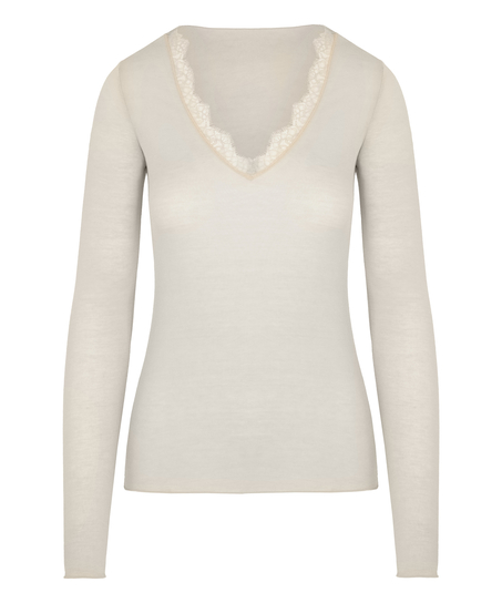 super soft Kant V-Neck shirt met Cashmere, Wit