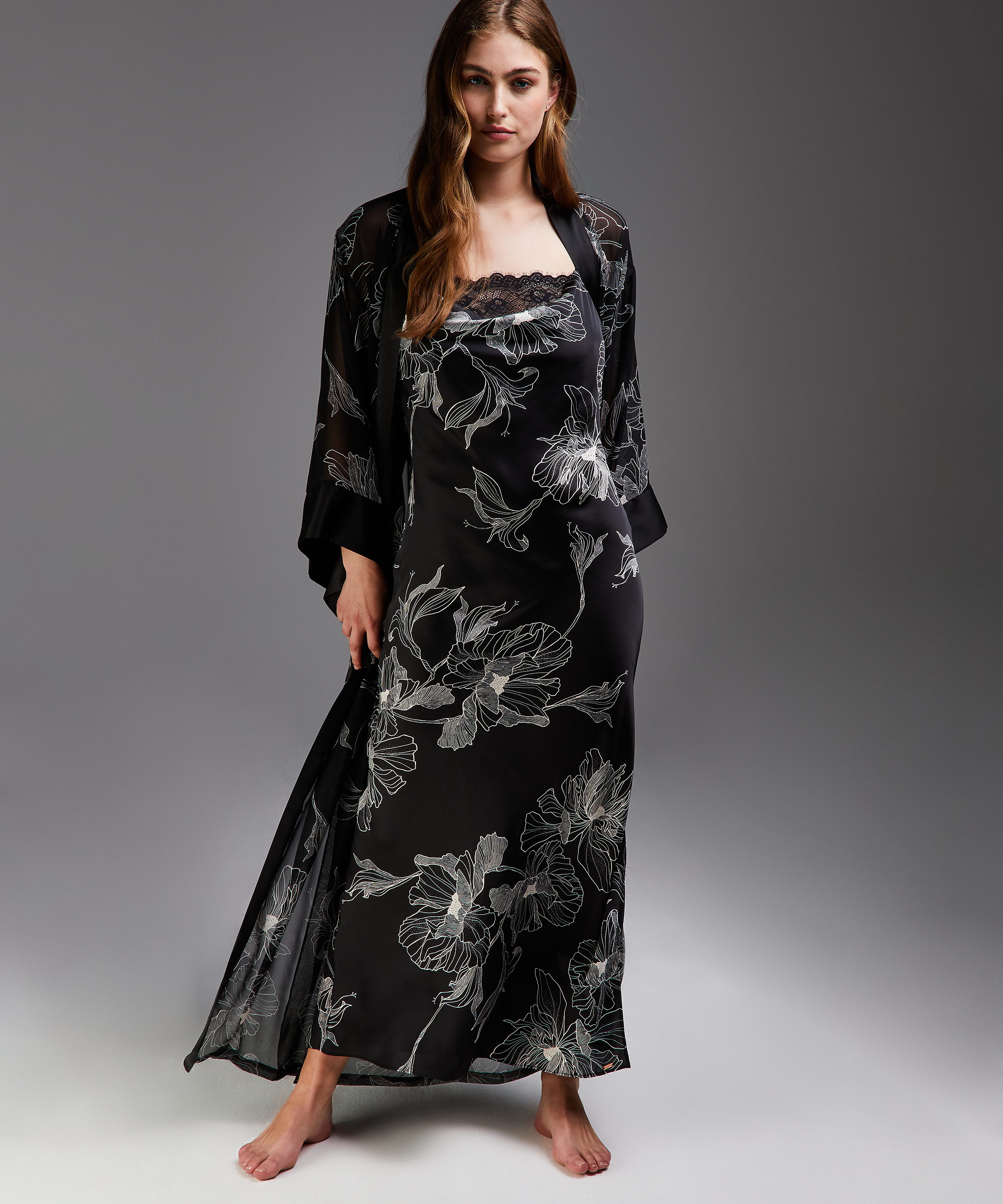 Kimono long chiffon lotus, Zwart, main