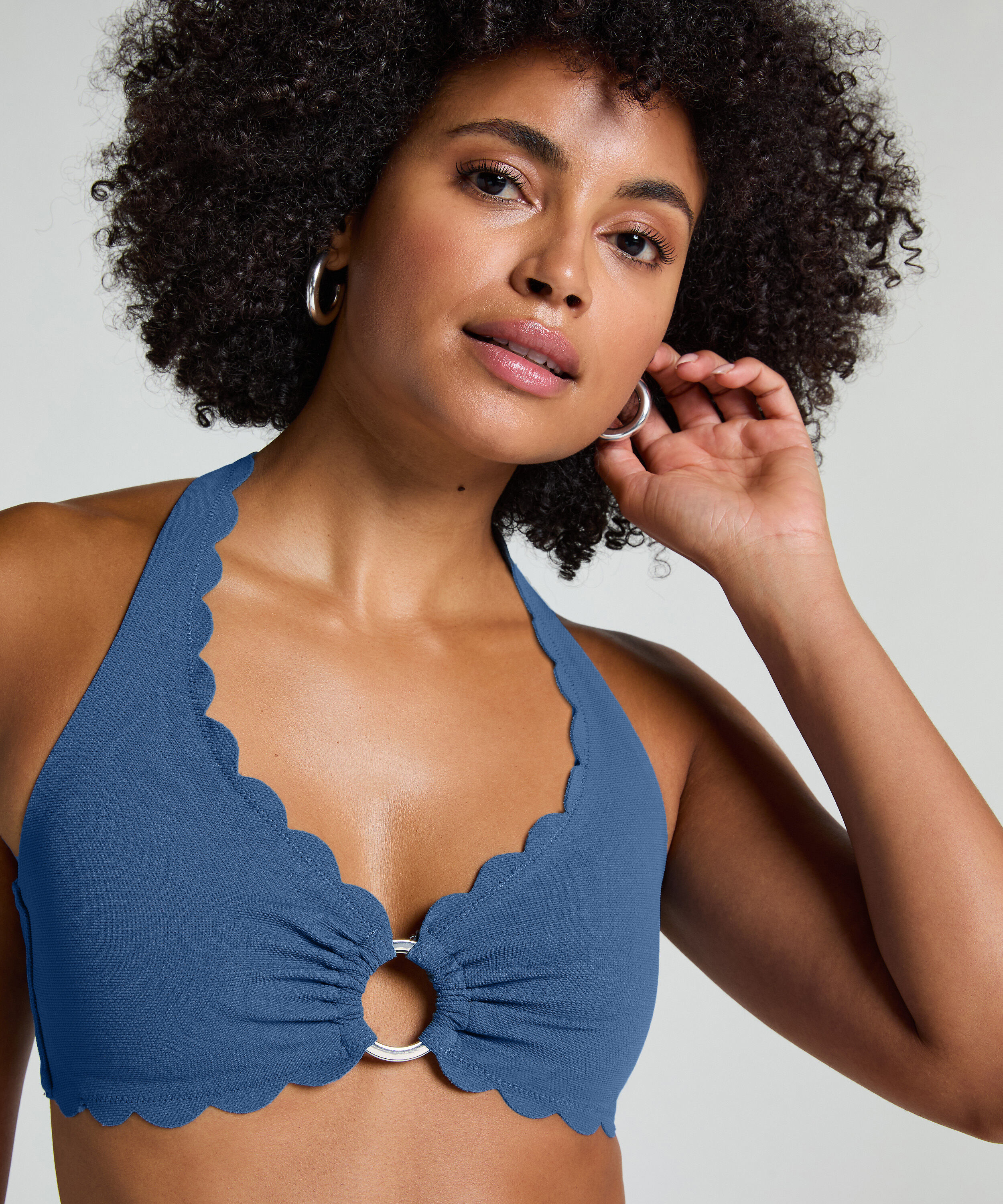 Haut de bikini dos nu festonné, Bleu