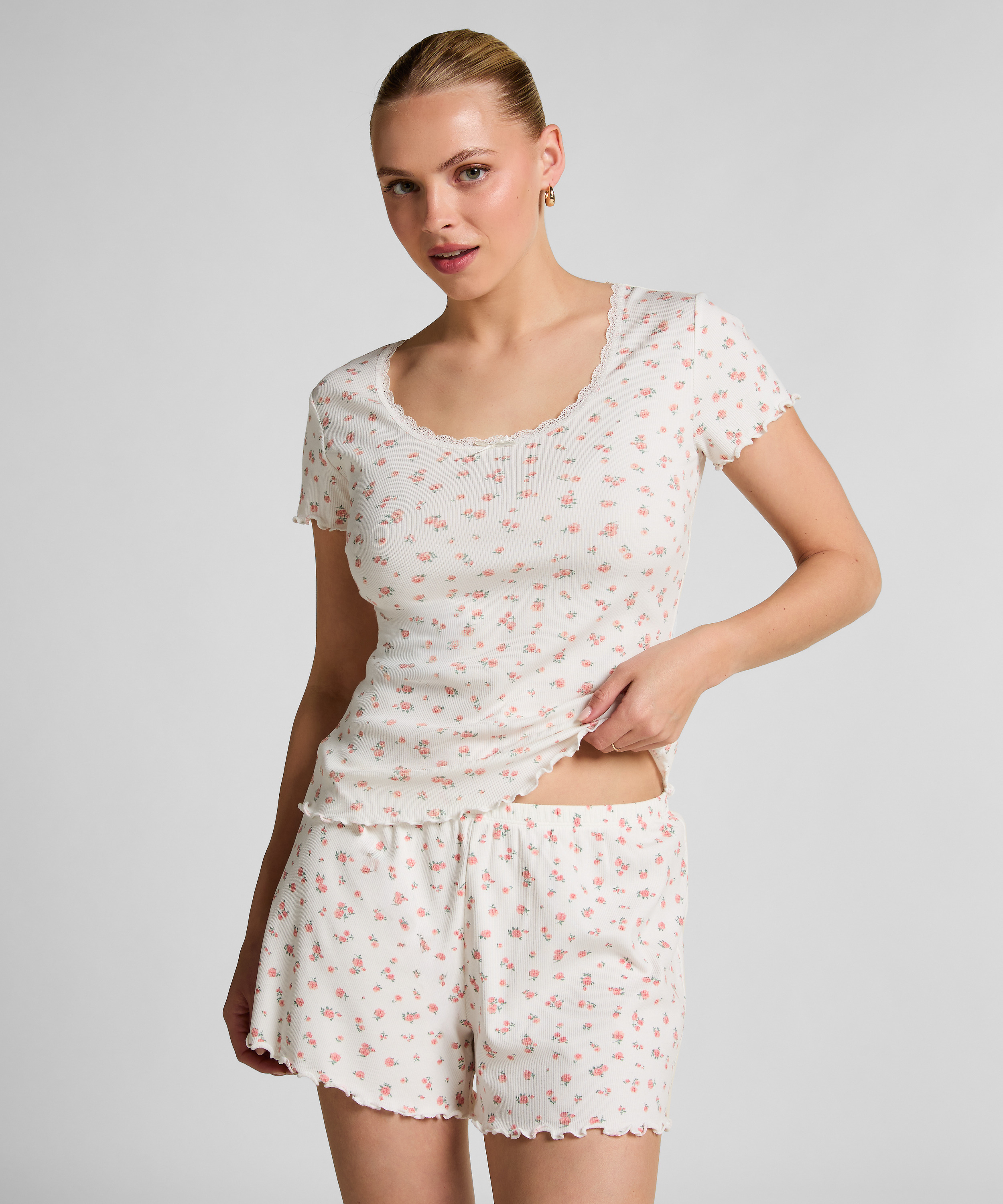 Geribde pyjamashort, Wit, main