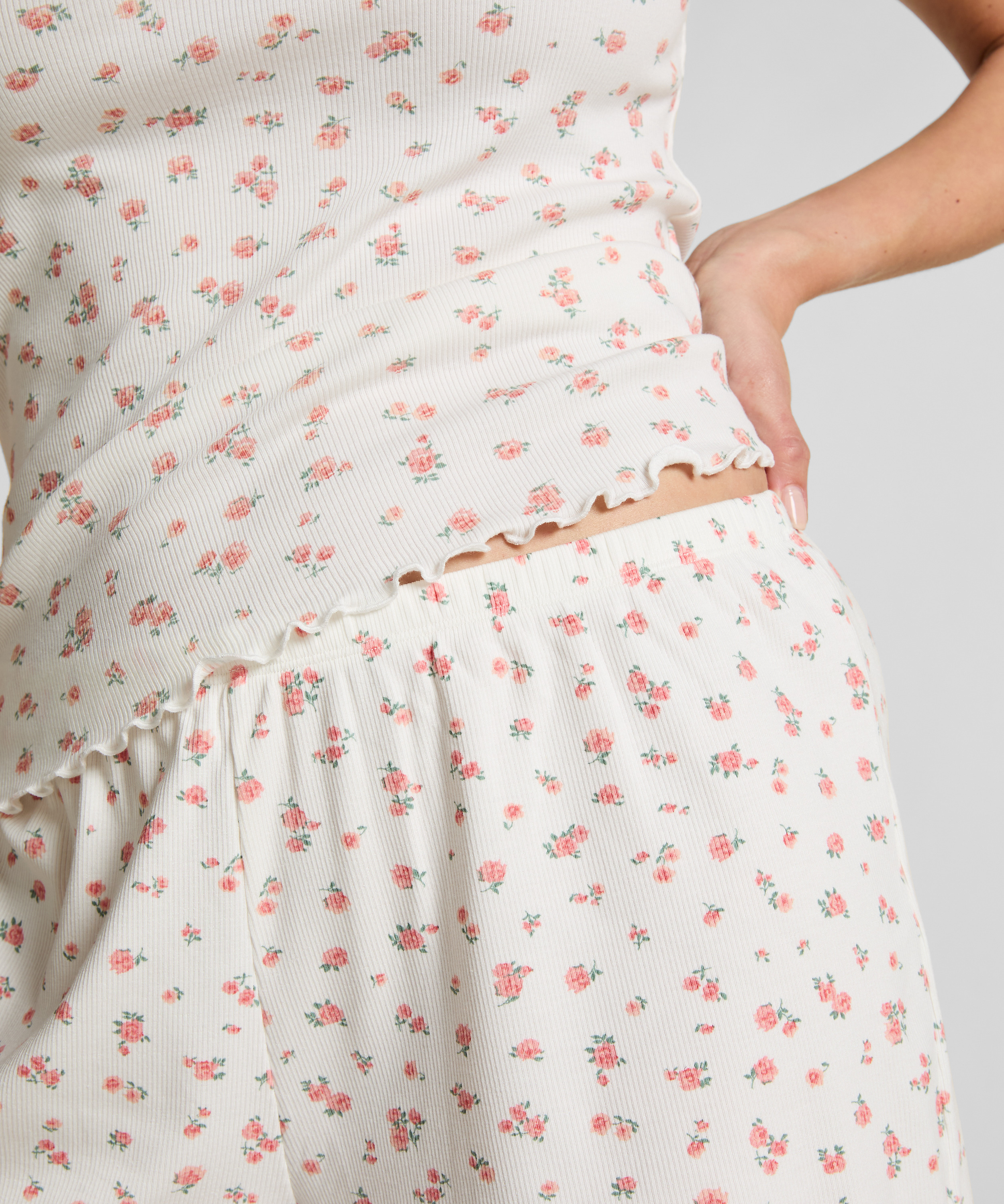 Geribde pyjamashort, Wit, main