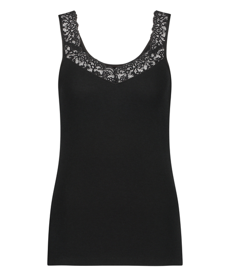 Singlet Rib Lace, Zwart