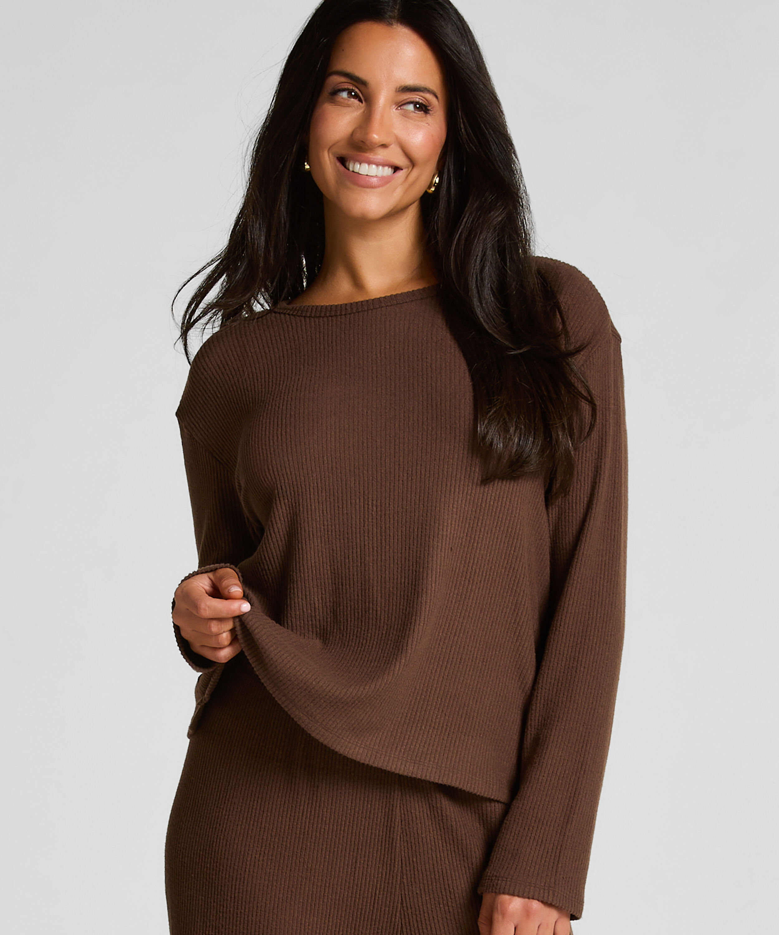 Pyjama top lange mouwen jersey, Bruin