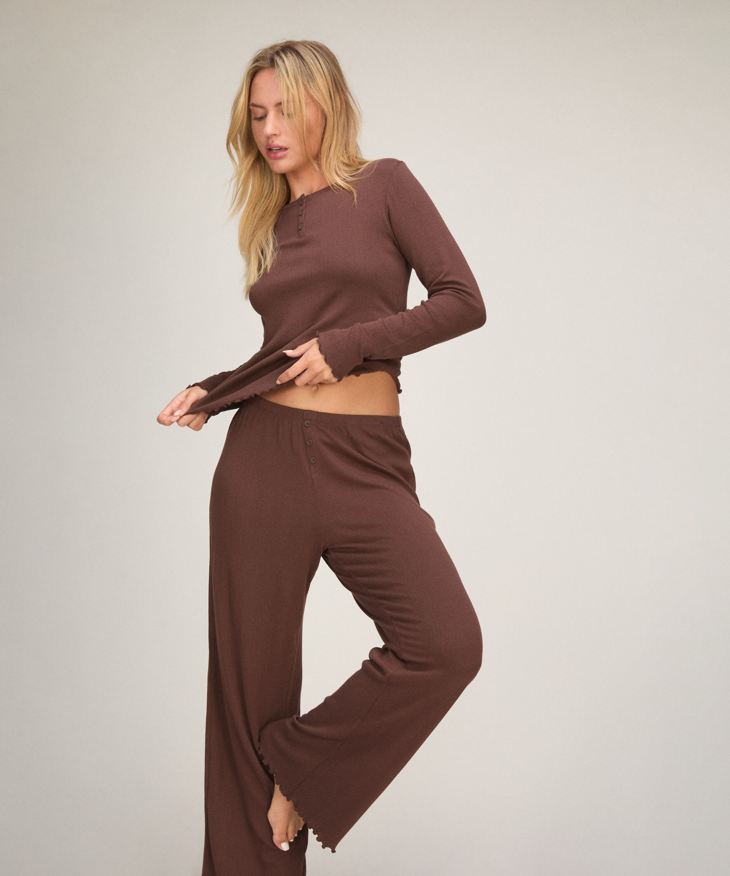 Broek Loose Pointelle, Bruin Broek Loose Pointelle, Bruin