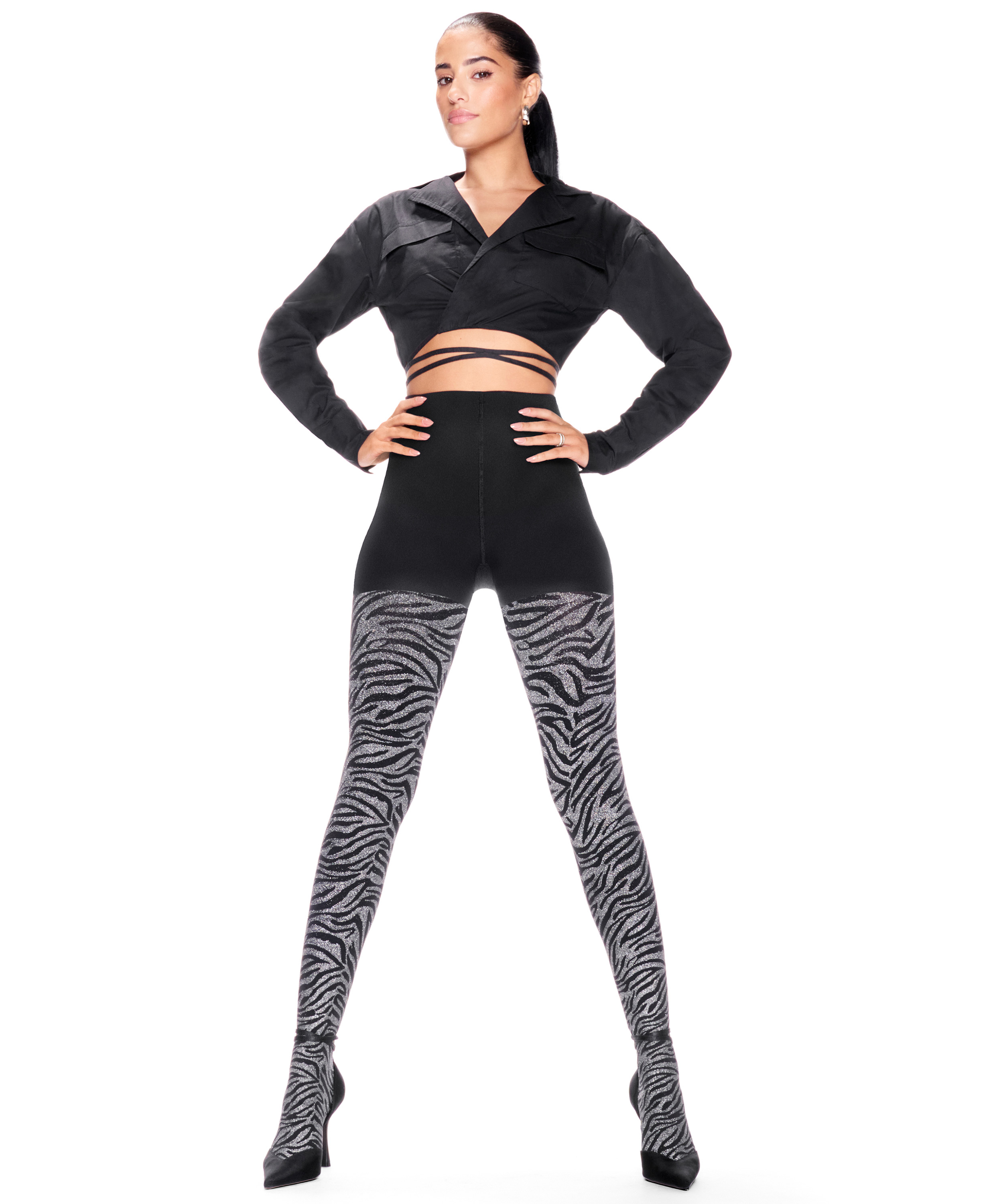 Collants 50 Deniers en lurex Zèbre, Noir, main