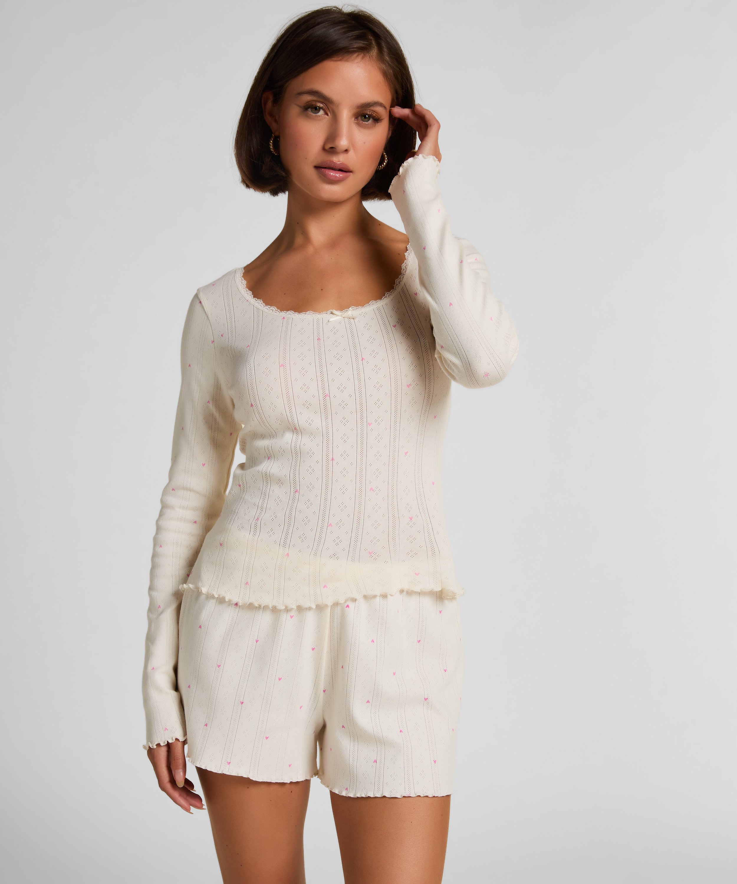 Pointelle Pyjama Top, Wit, main