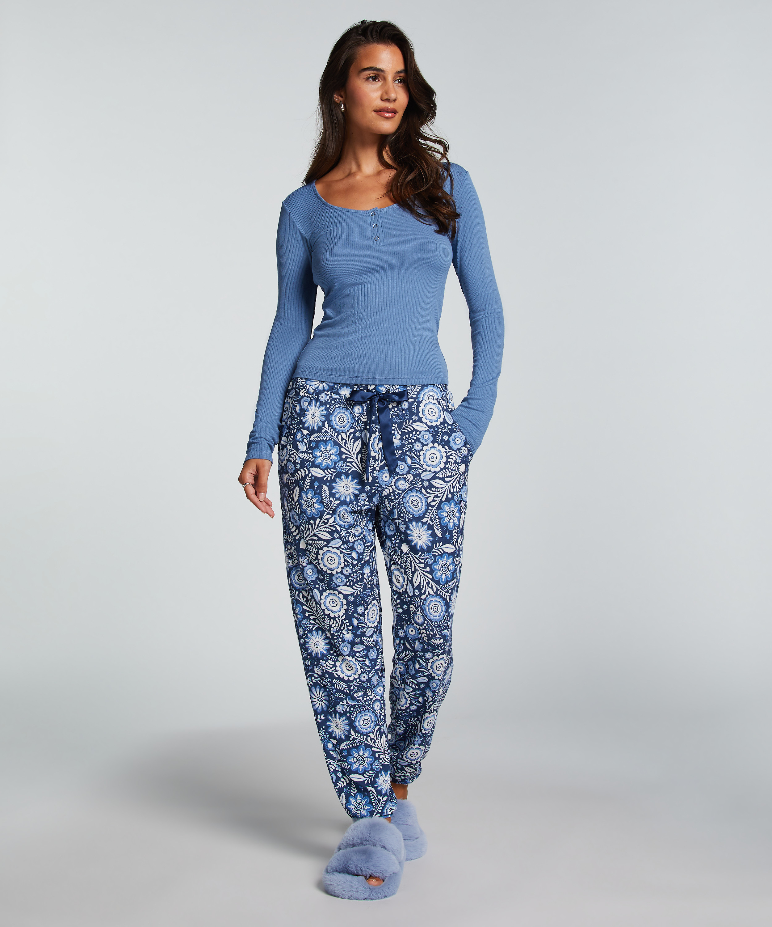 Pyjama top lange mouwen rib, Blauw, main