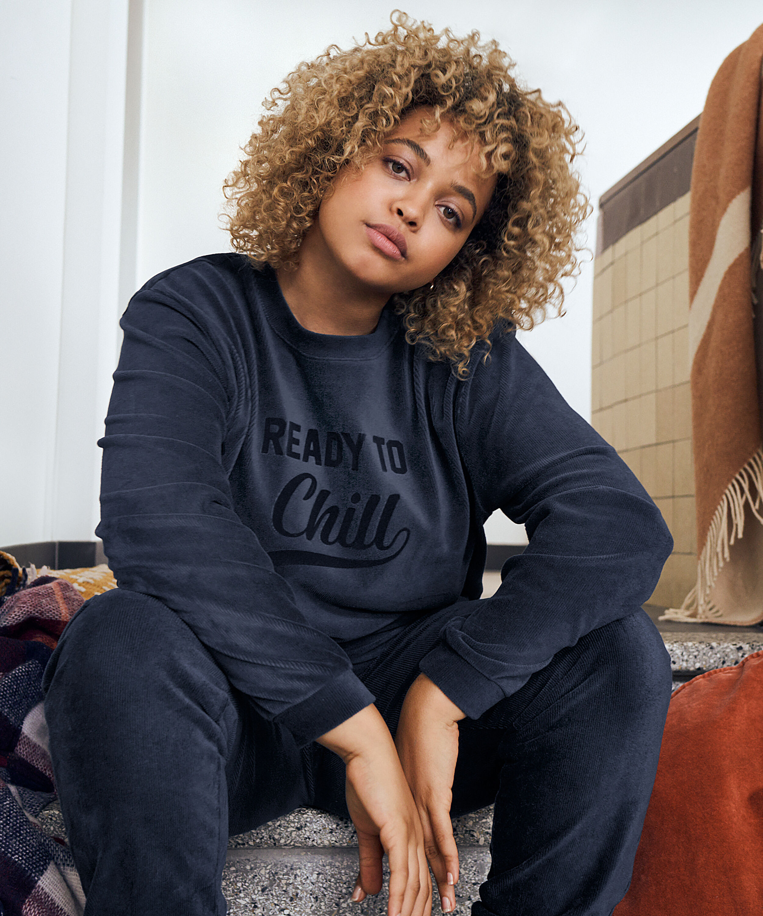 Top velours lange mouwen, Blauw