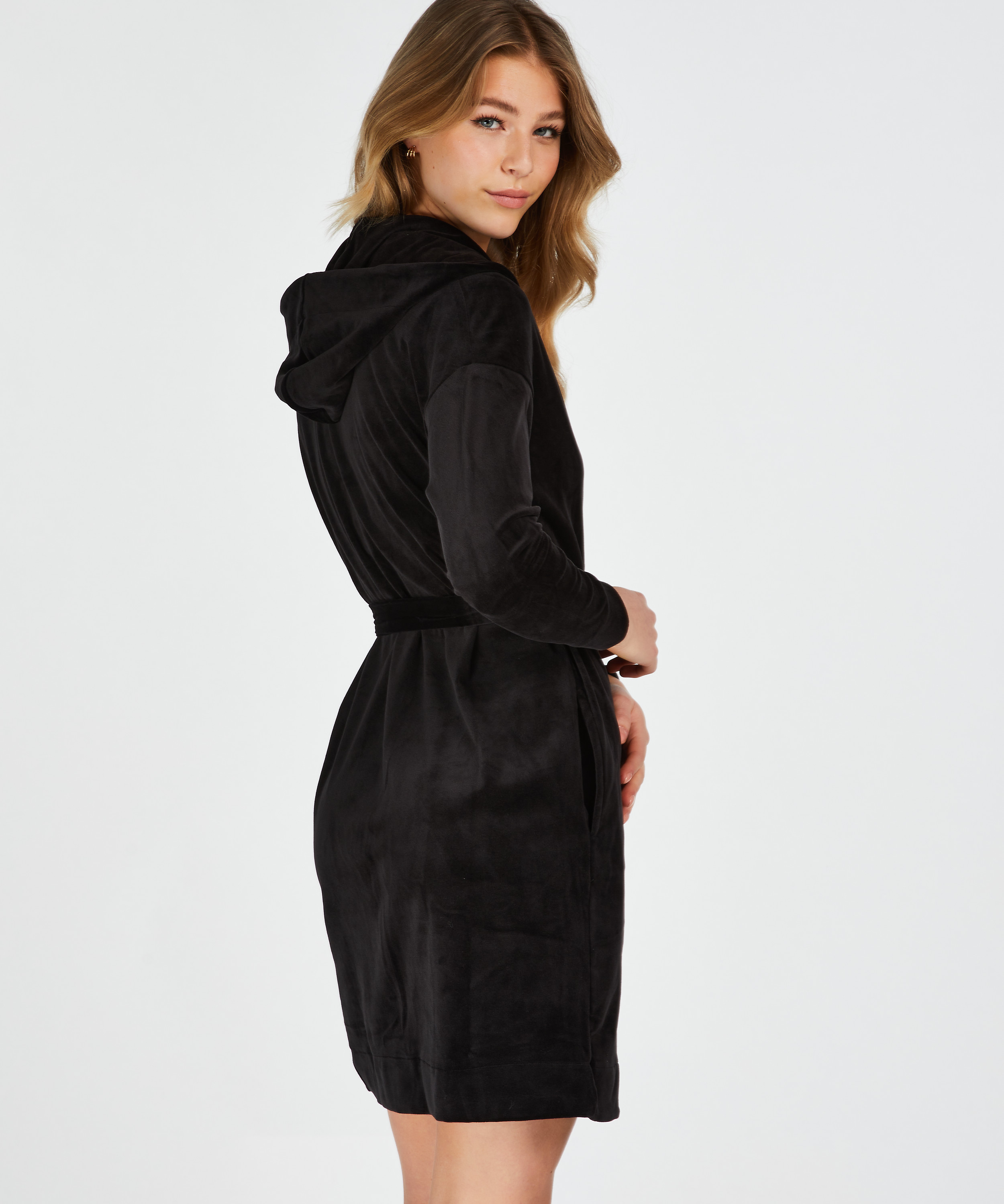 Korte badjas Velours, Zwart, main