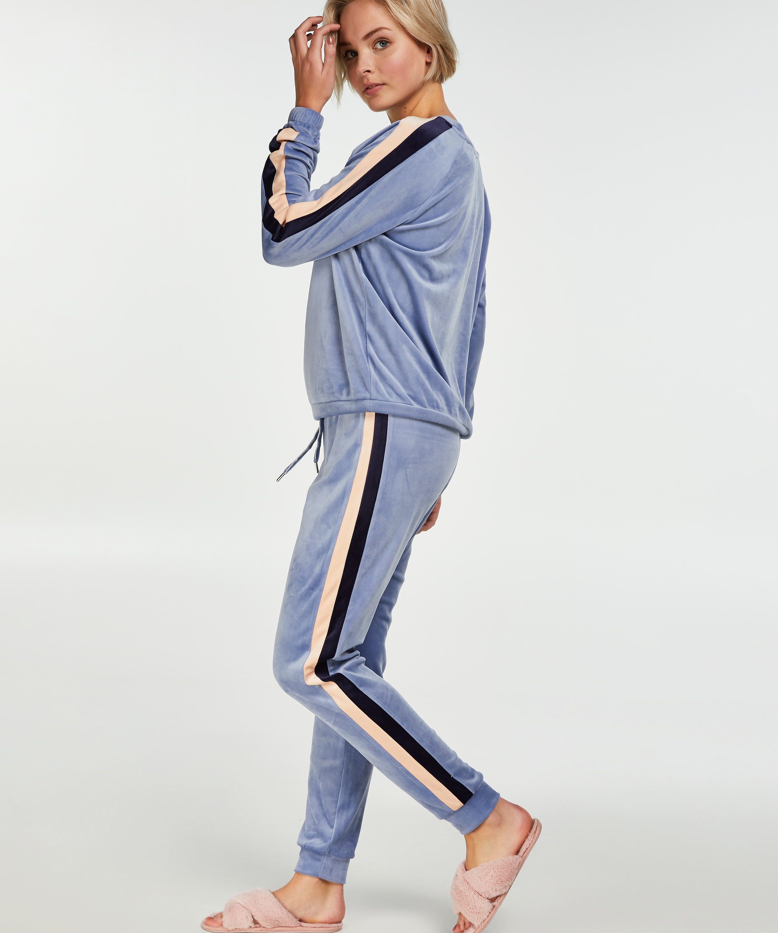 Joggingbroek Velours Stripe, Blauw, main