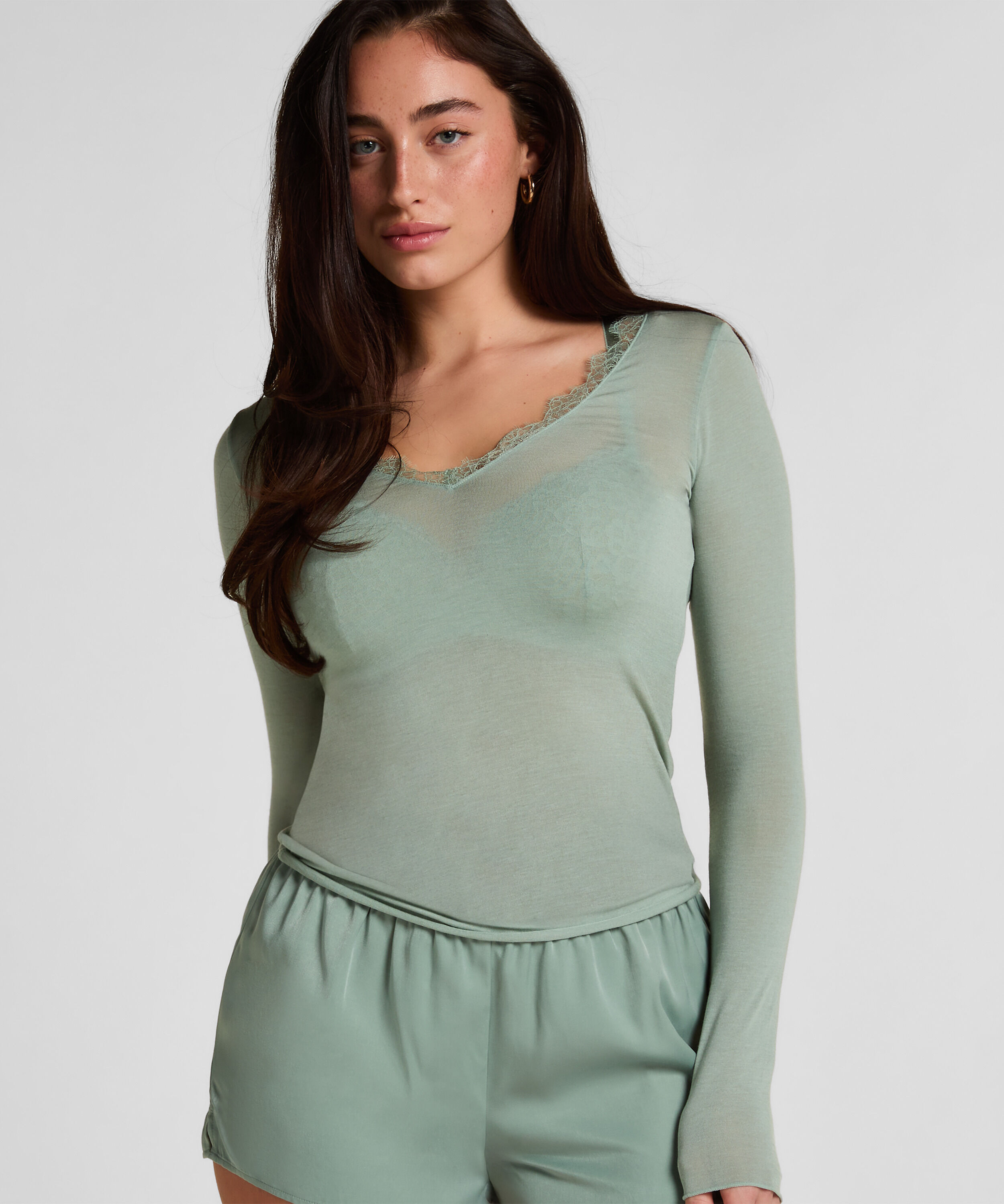 super soft Kant V-Neck shirt met Cashmere, Groen
