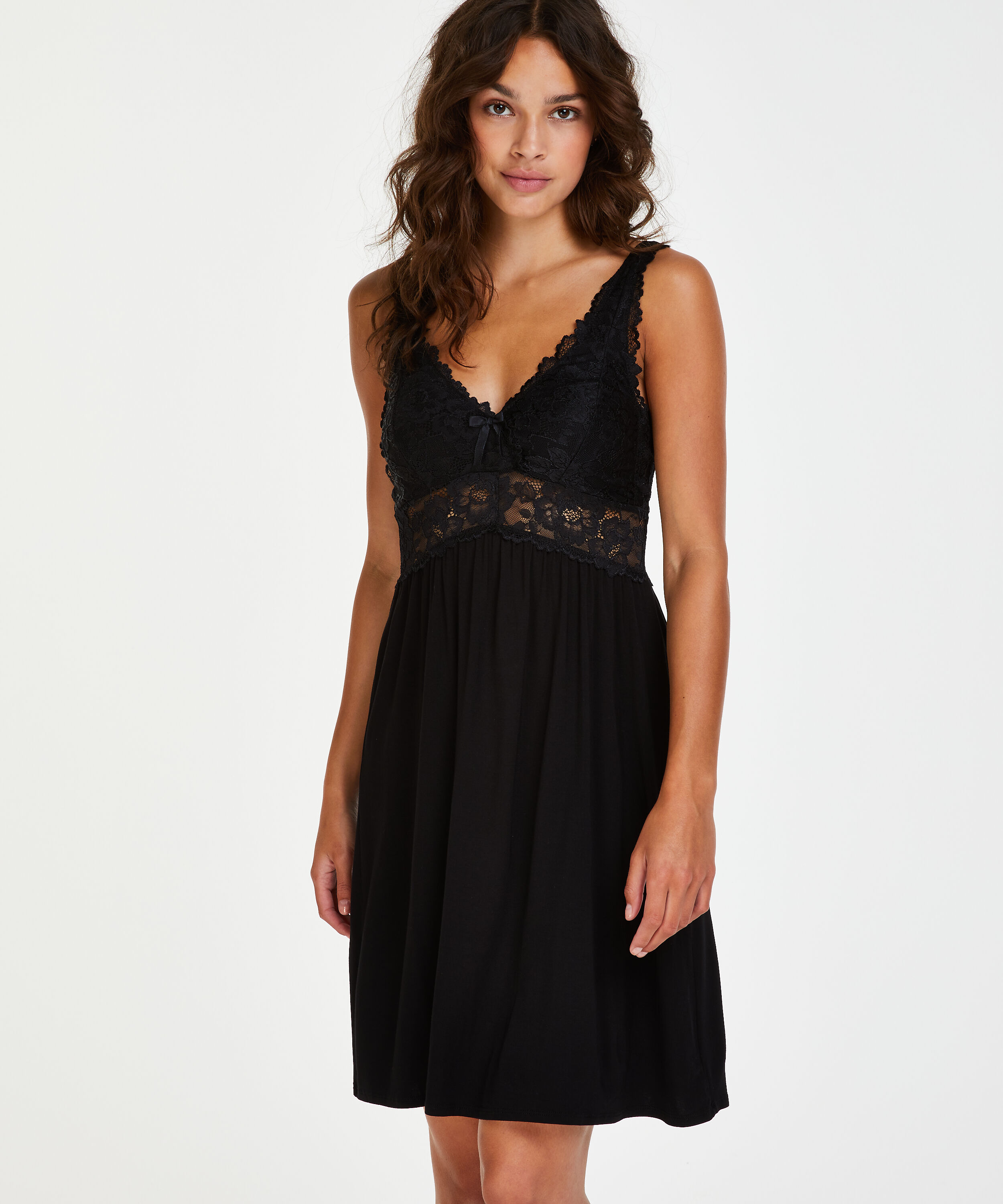 Slipdress Modal lace, Zwart