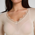 Top col V en dentelle ultra-doux avec cachemire, Beige