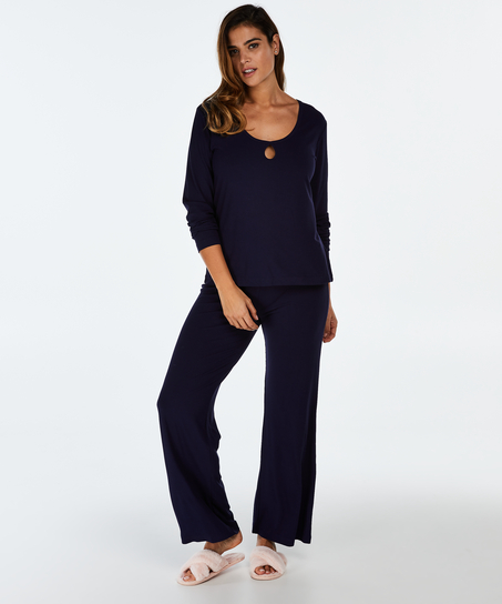 Pyjama top lange mouwen rib keyhole, Blauw