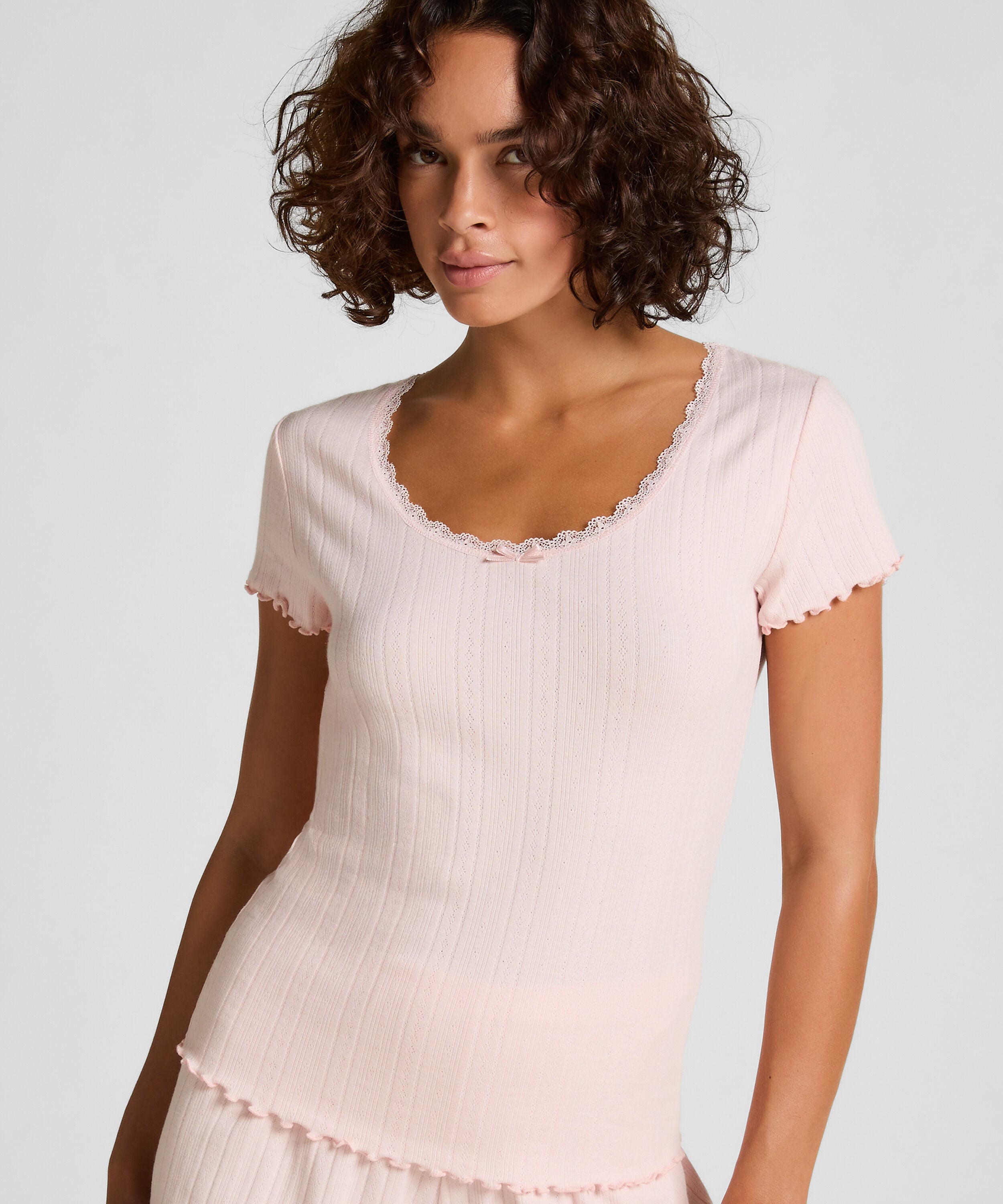 Pointelle top met kant, Roze