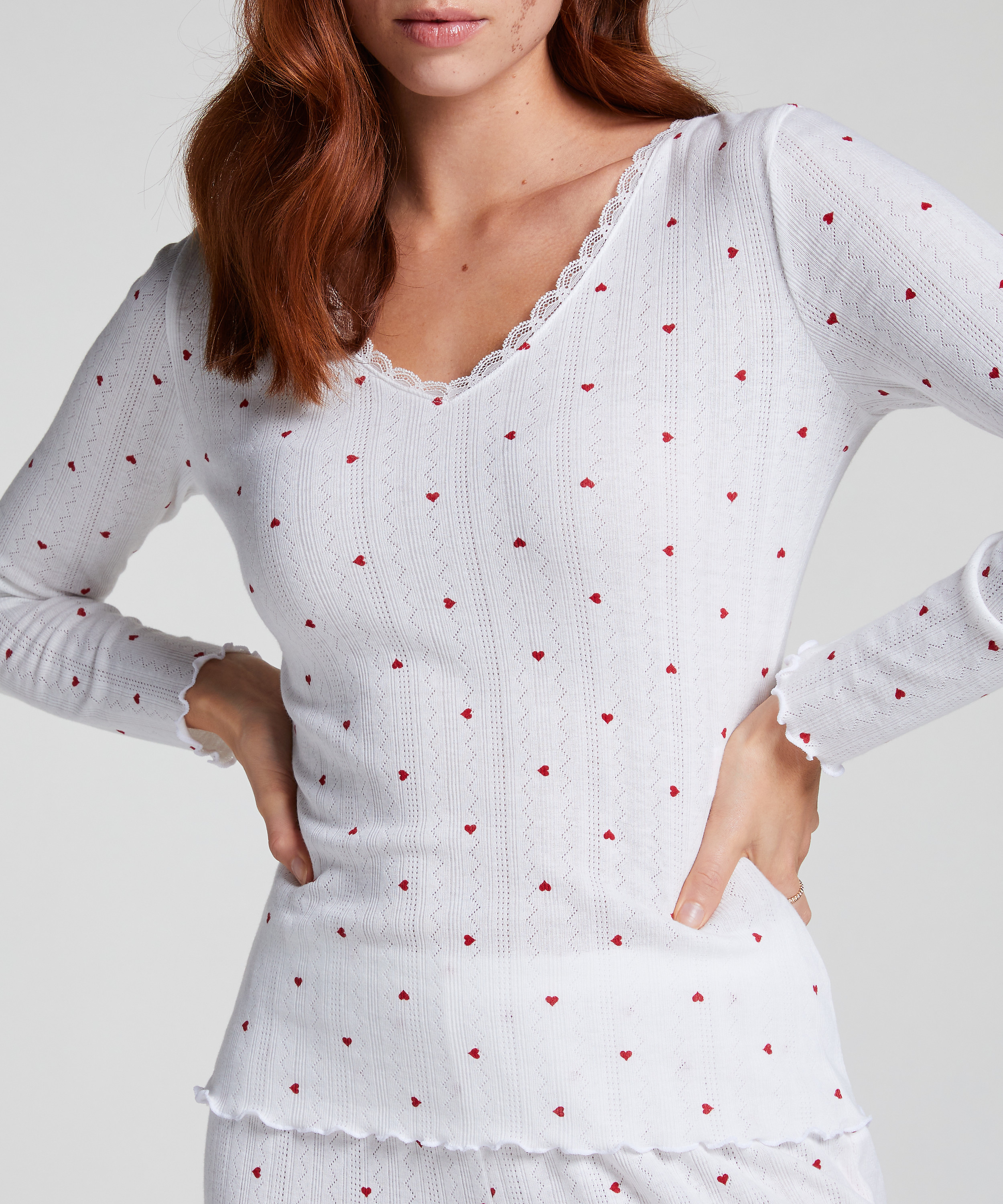 Haut de pyjama &agrave; manches longues Pointelle, Blanc, main