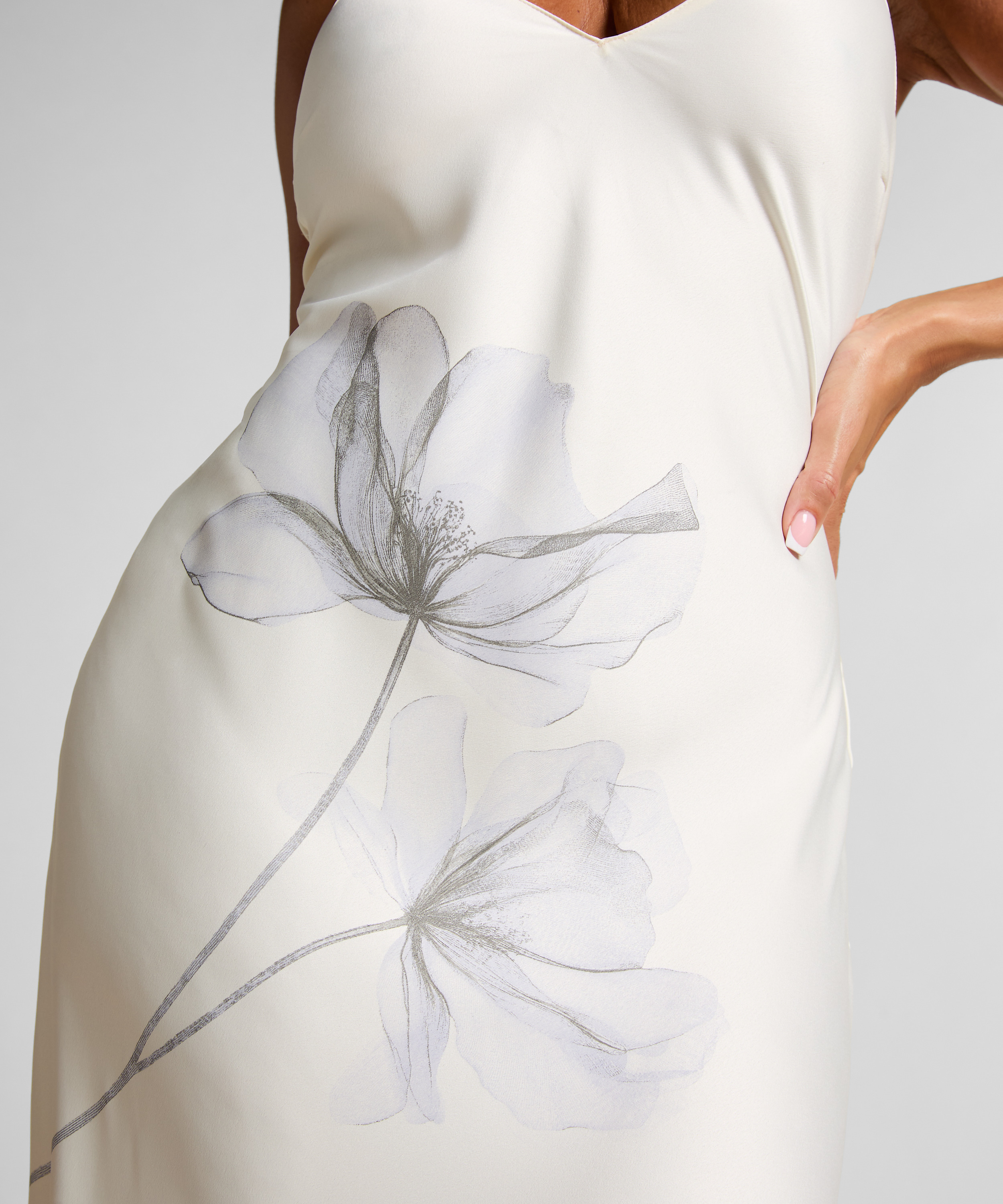 Slip dress longue en satin floral, Blanc, main