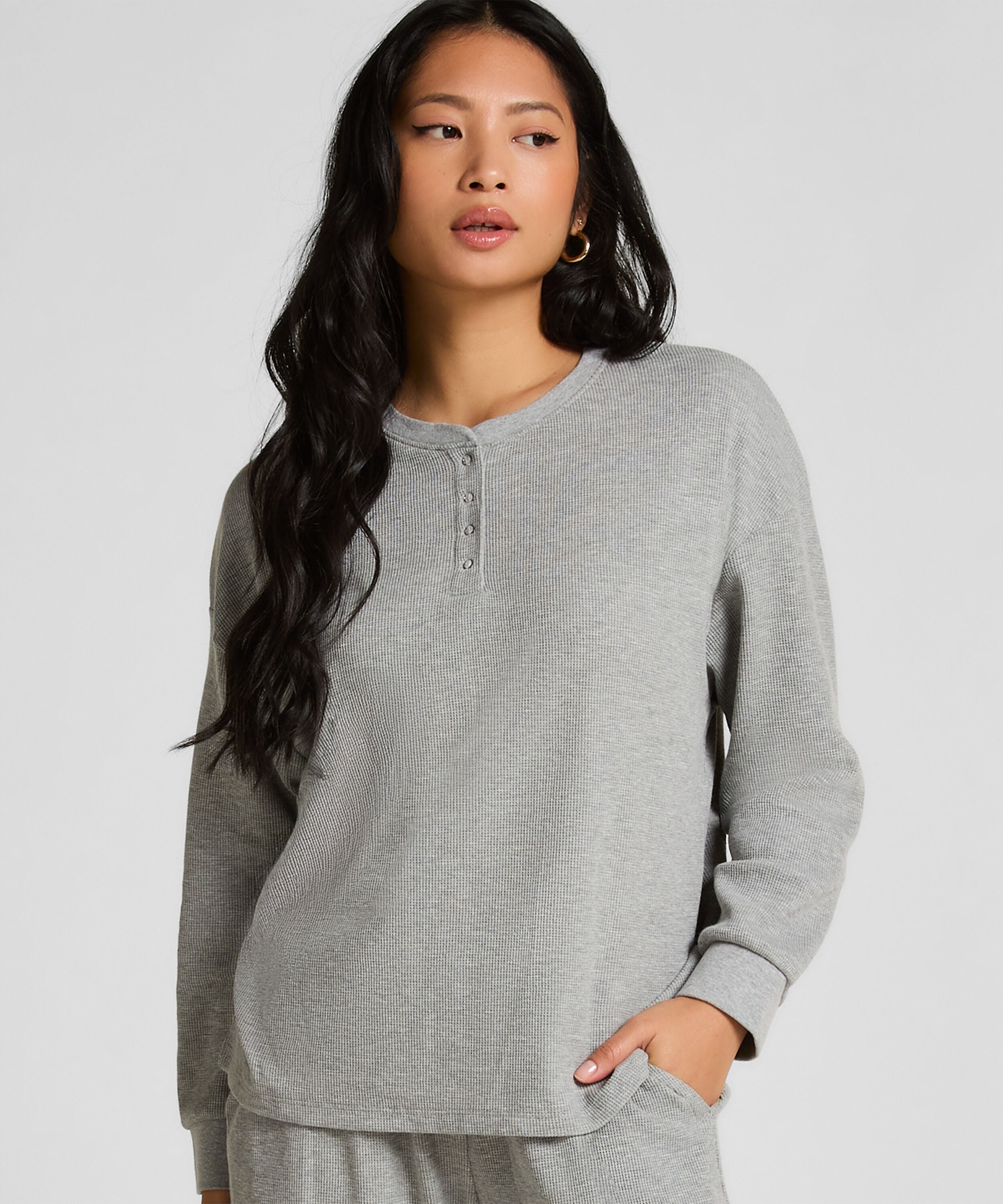 Top van wafelstof Henley, Grijs Top van wafelstof Henley, Grijs