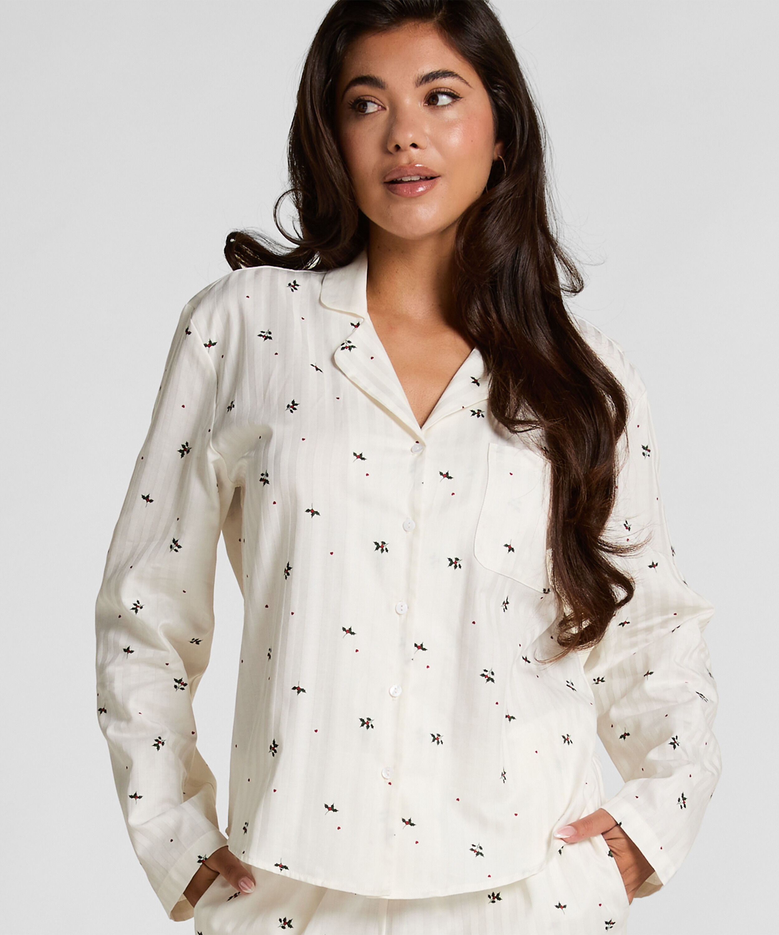 Haut de Pyjama Jacquard Manches Longues, Blanc