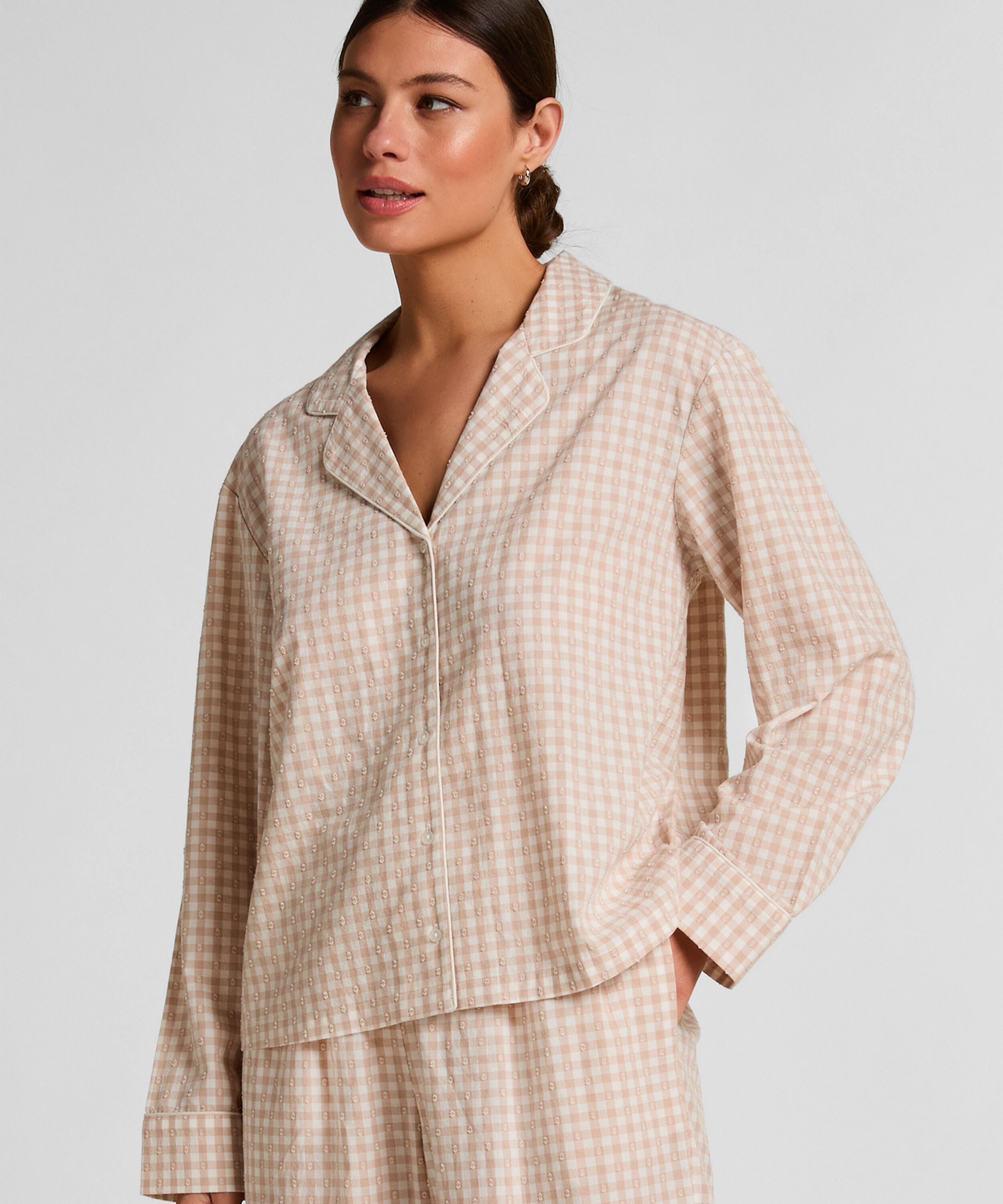 Dobby Pyjama Jasje van Geweven Katoen, Beige
