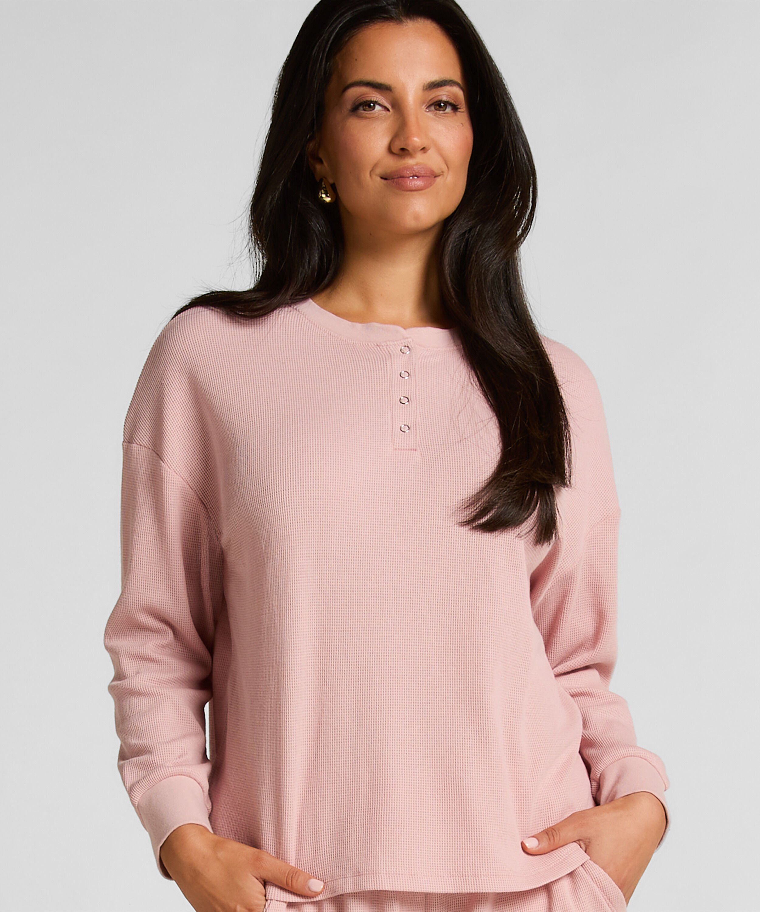 Top van wafelstof Henley, Roze