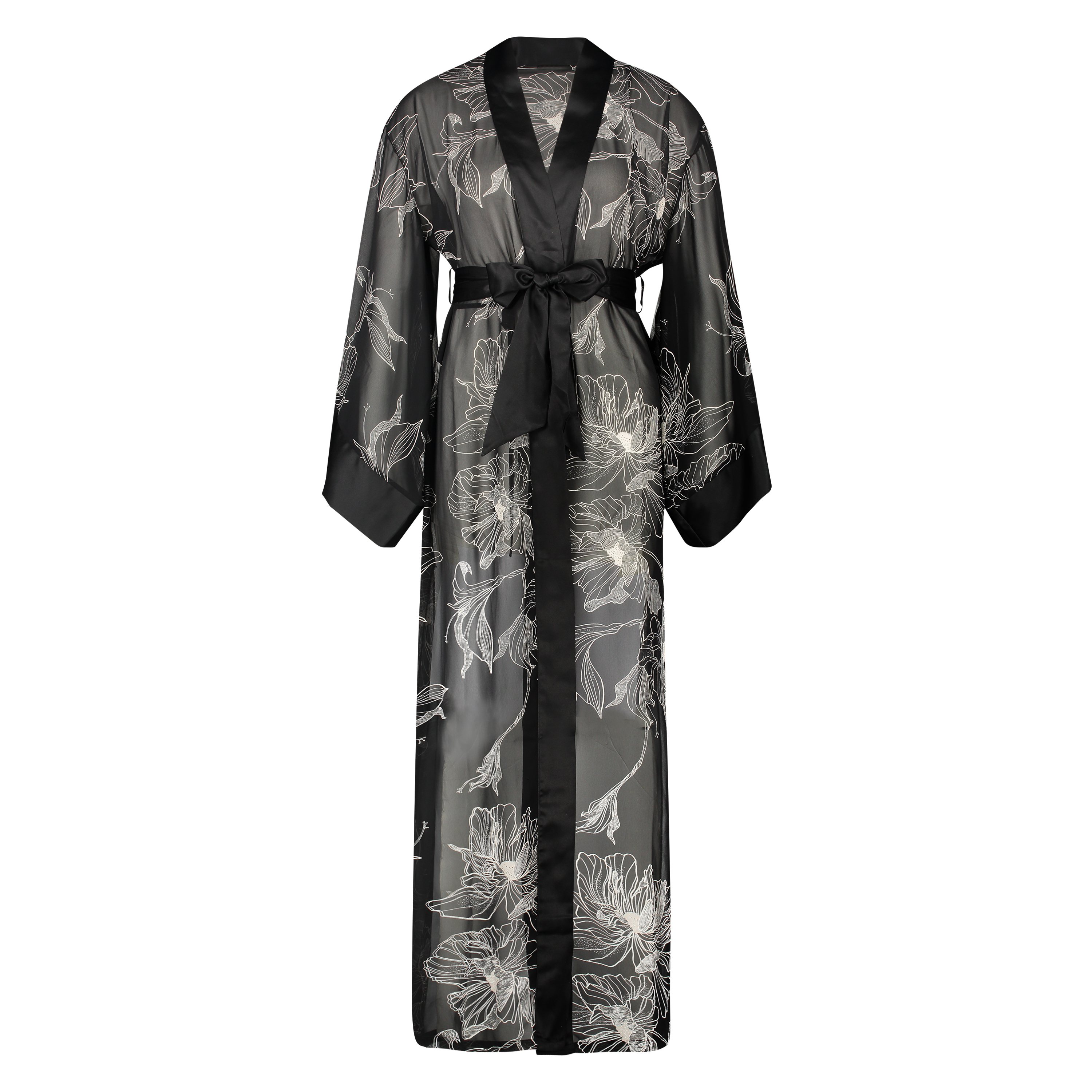 Kimono long chiffon lotus, Zwart, main