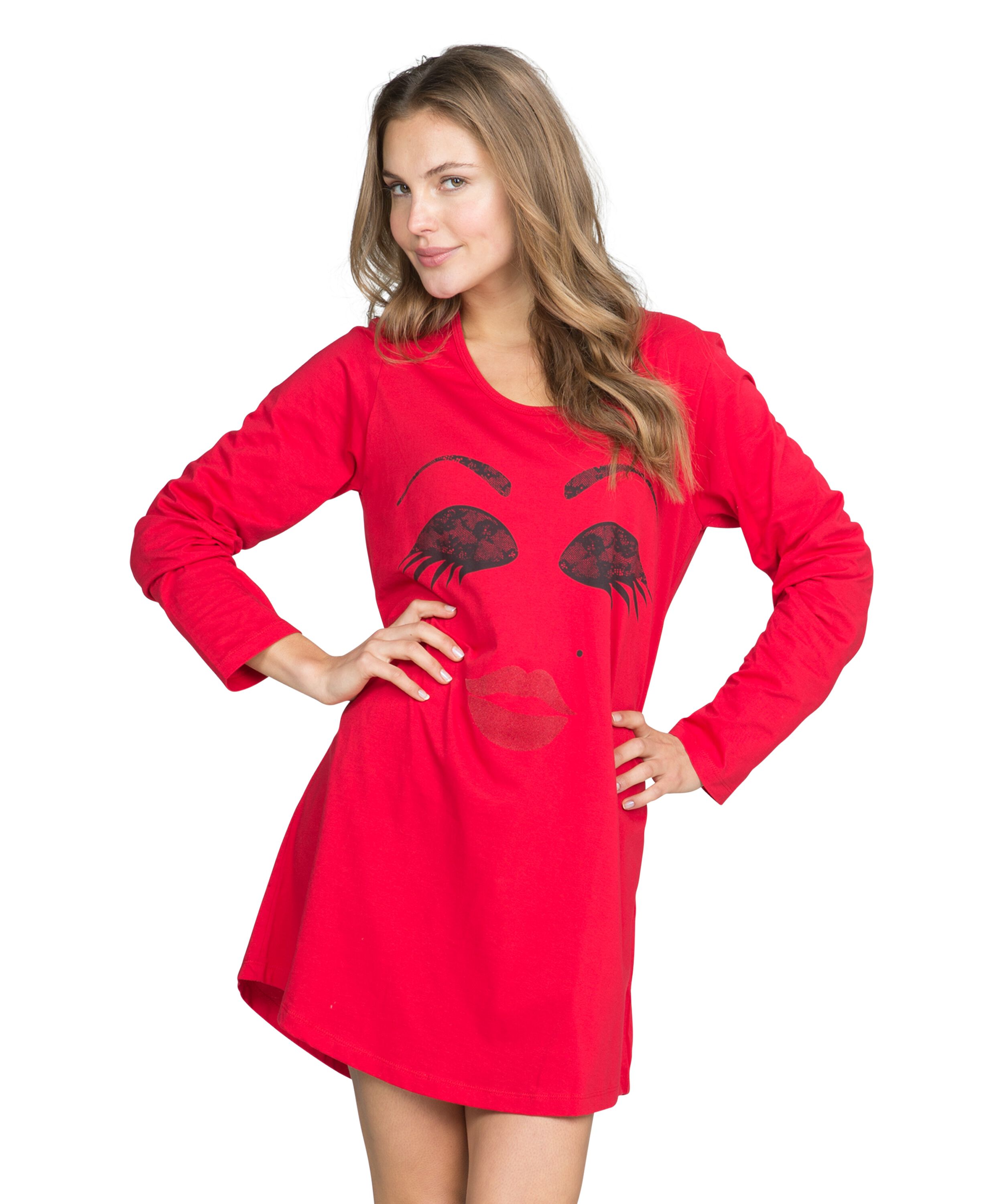 Nachthemd Ronde hals longsleeve, Rood