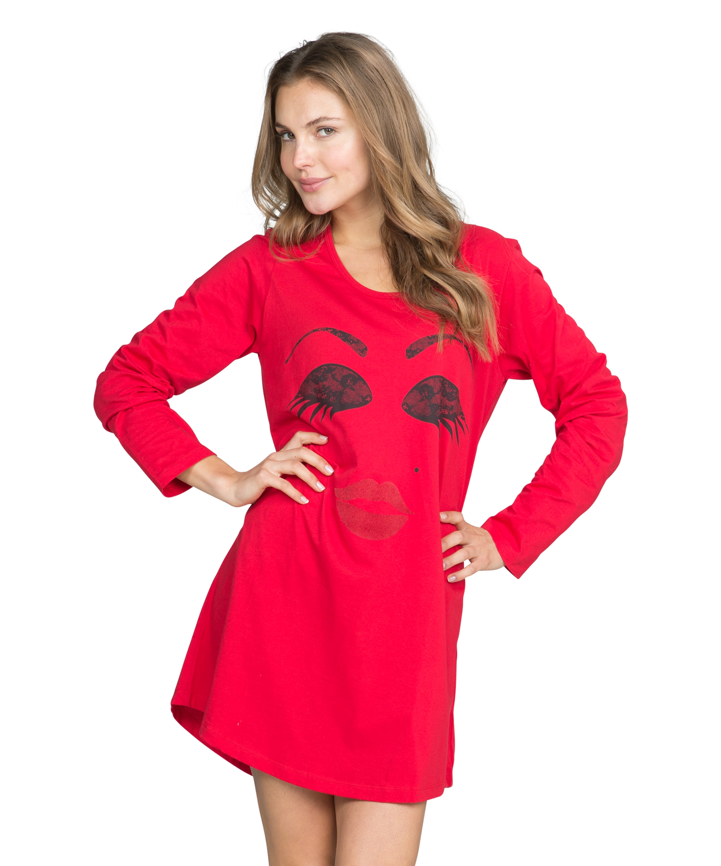 Nachthemd Ronde hals longsleeve, Rood, main
