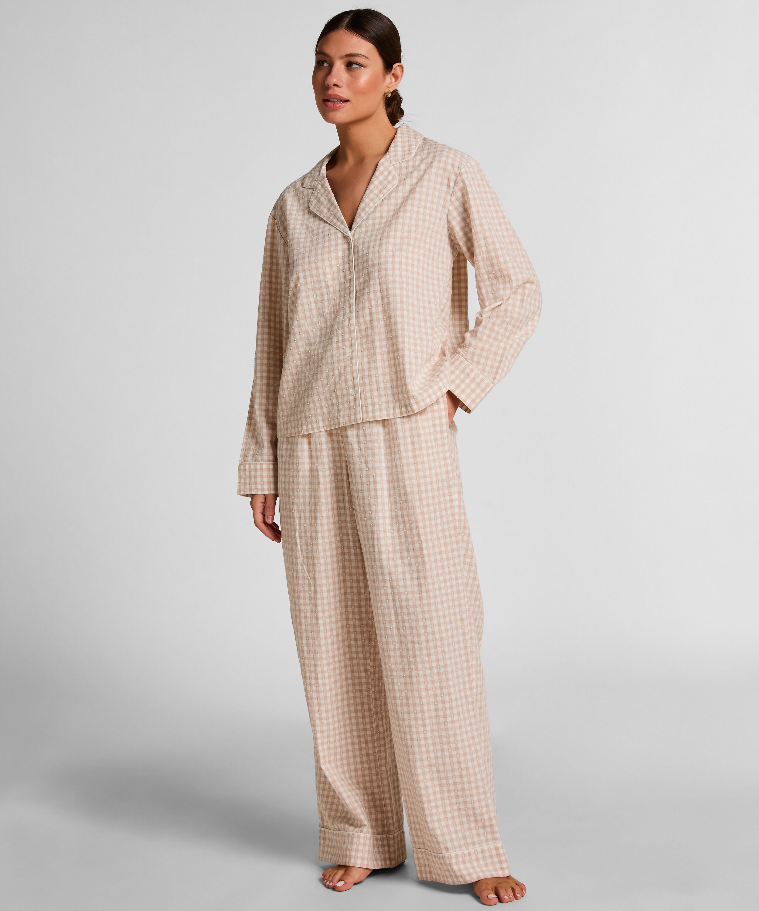 Dobby Pyjamabroek van Geweven Katoen, Beige