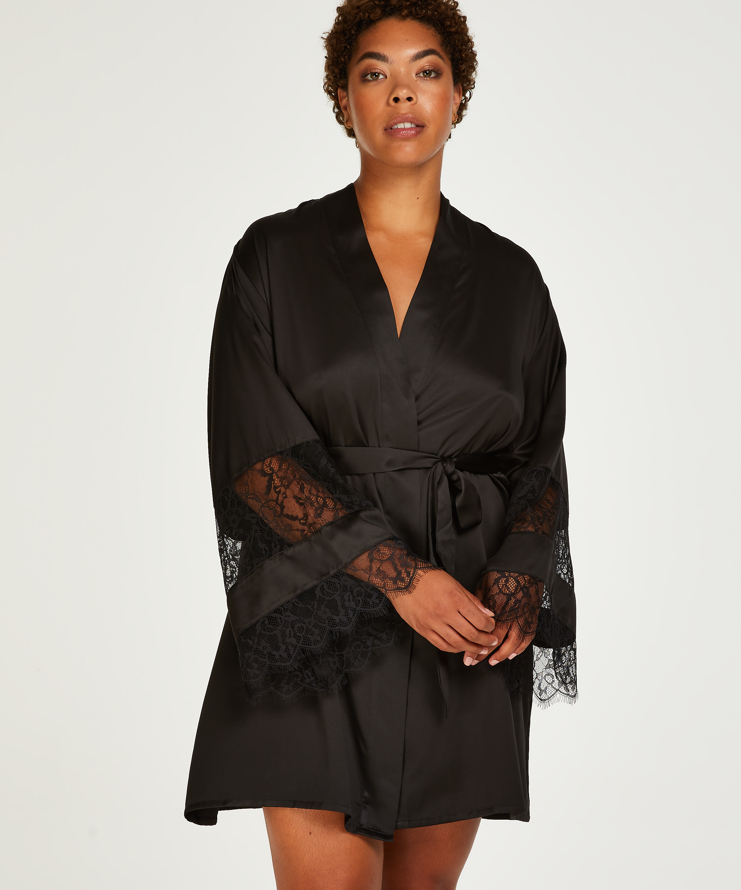 Kimono satin lace, Zwart, main