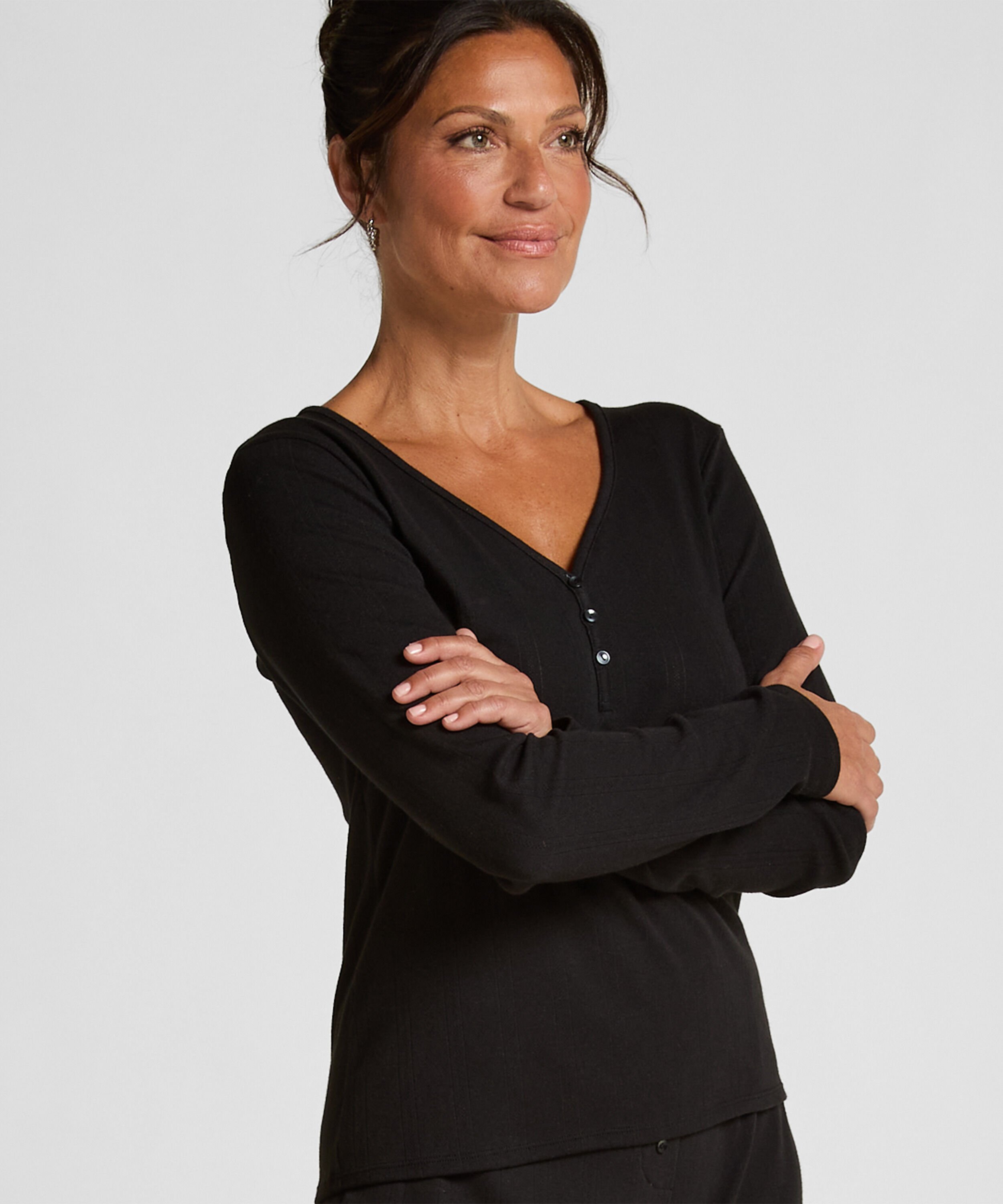Pyjamatop met lange mouwen Henley, Zwart