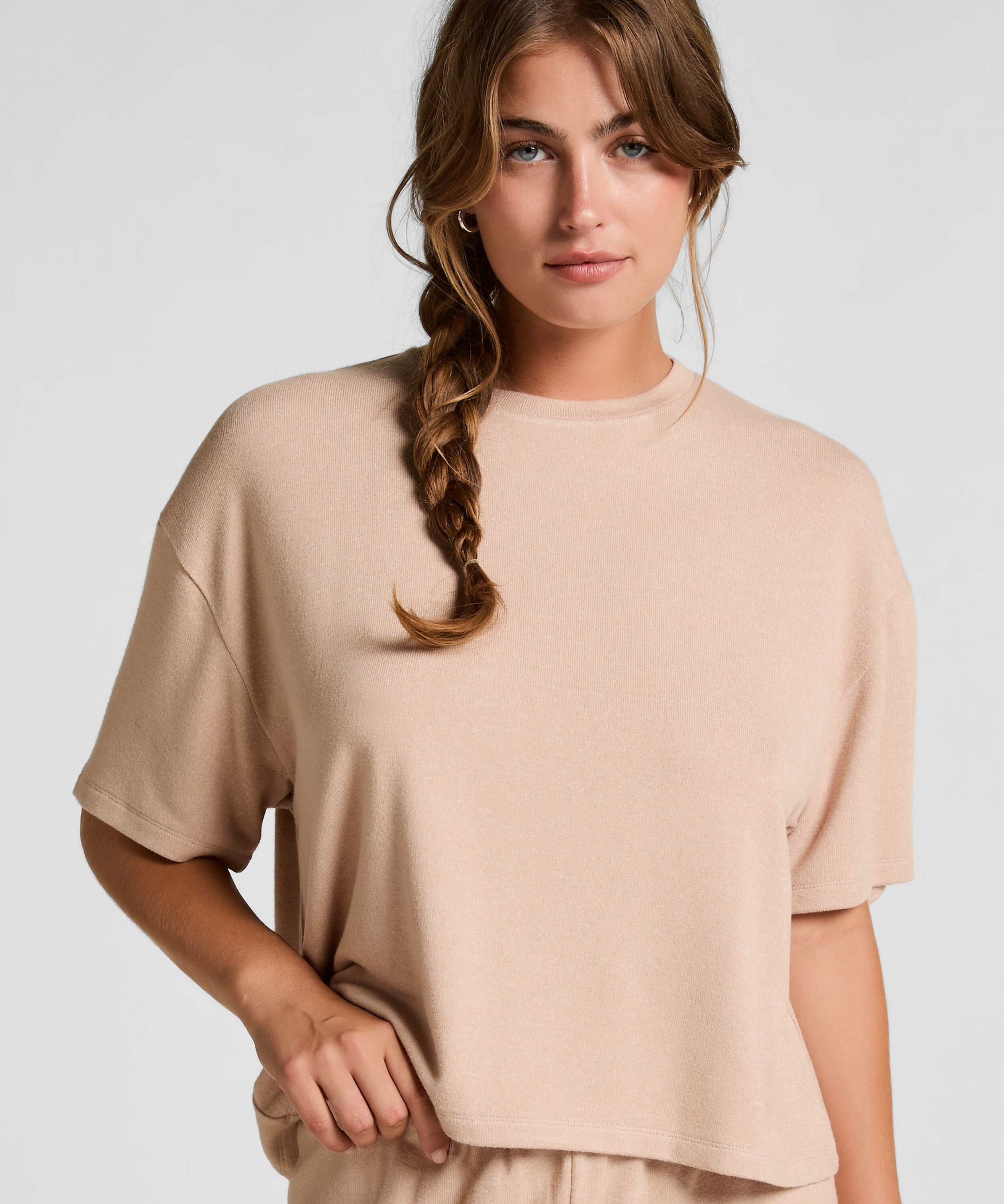 Haut de pyjama en jersey brossé, Beige