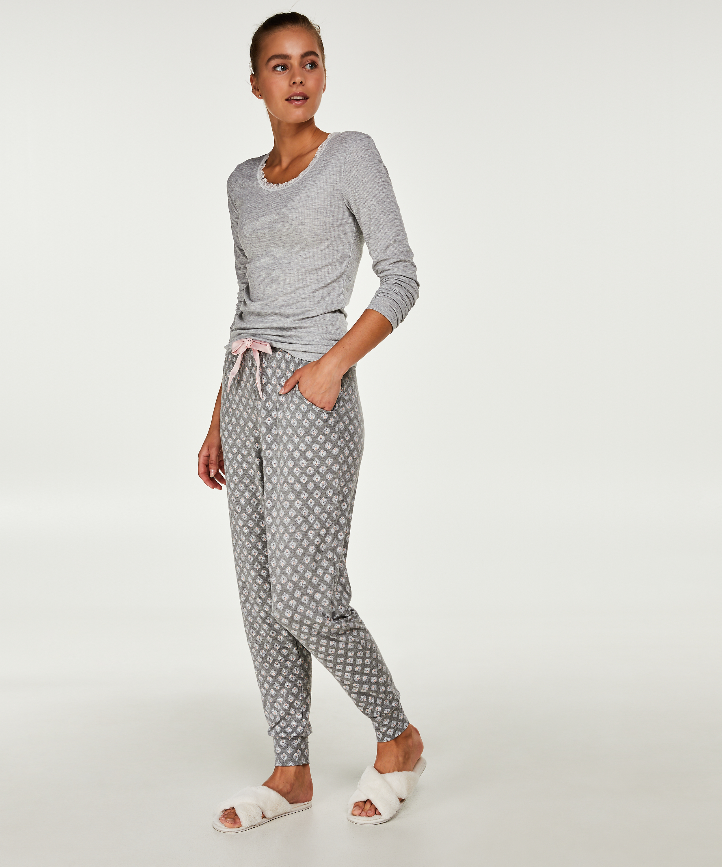 Pyjama top lange mouwen rib, Grijs, main