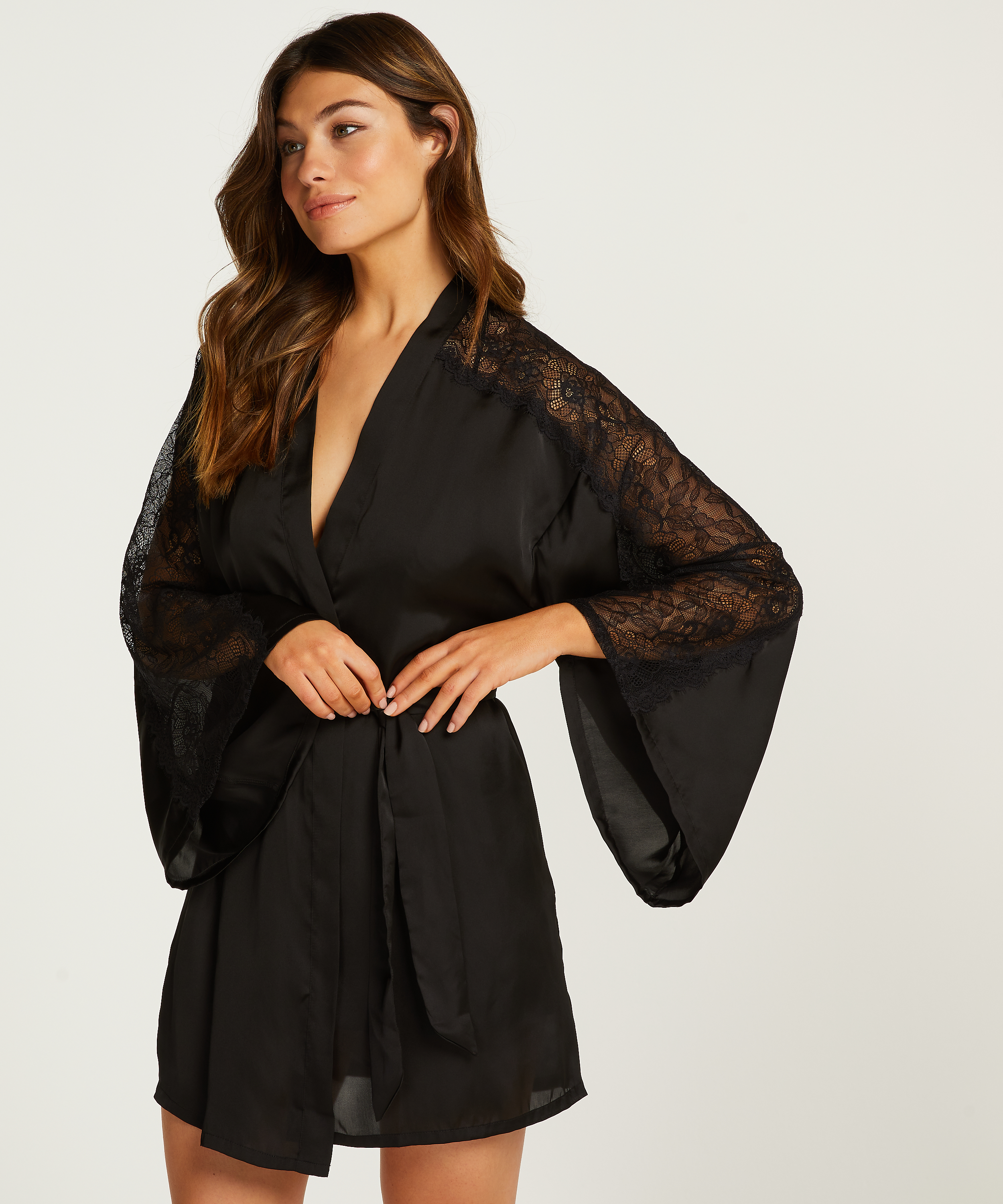 Kimono Satin Lace, Zwart, main