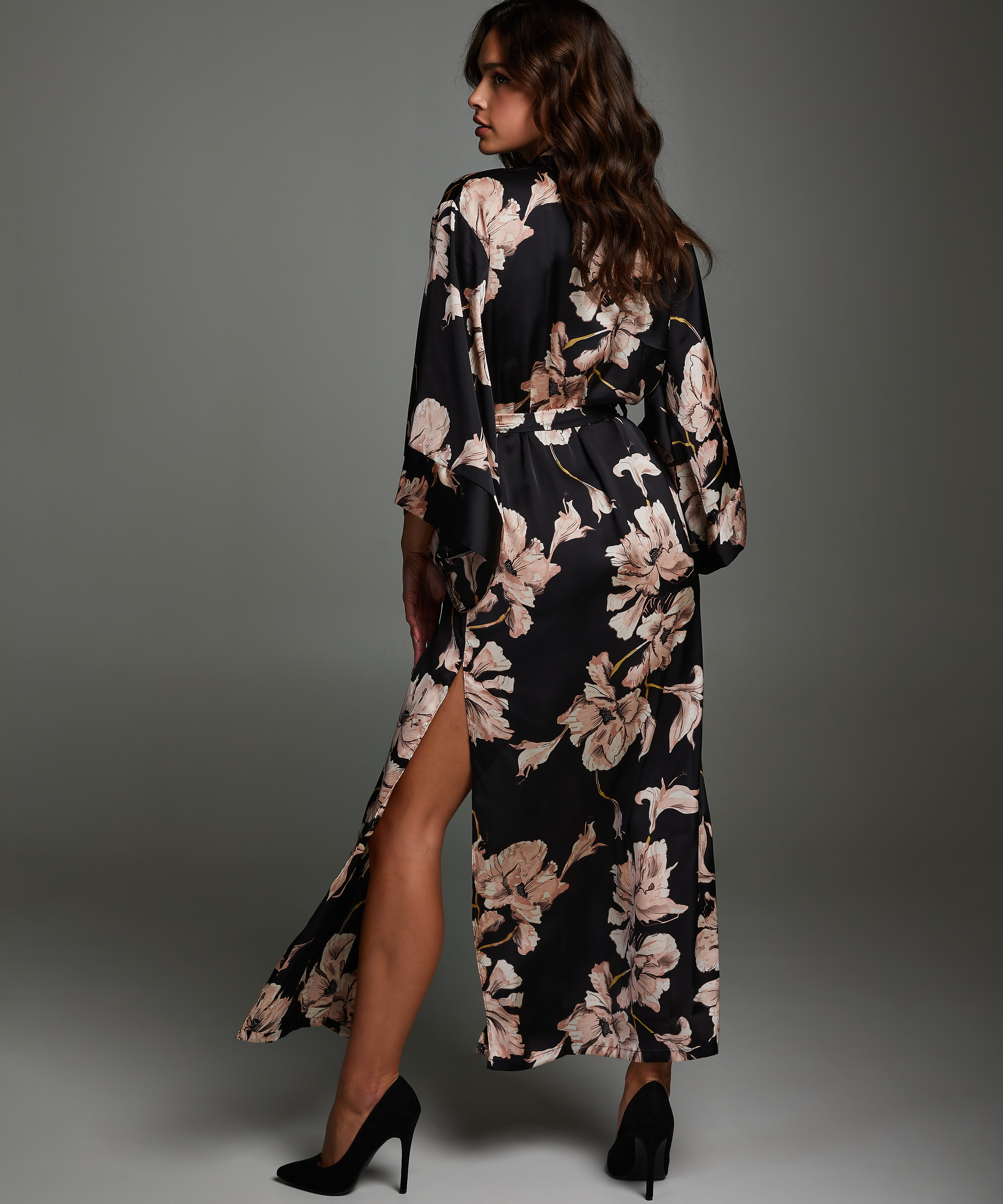 Kimono Satijn Bloom, Zwart, main