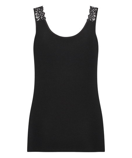 Singlet Rib Lace, Zwart
