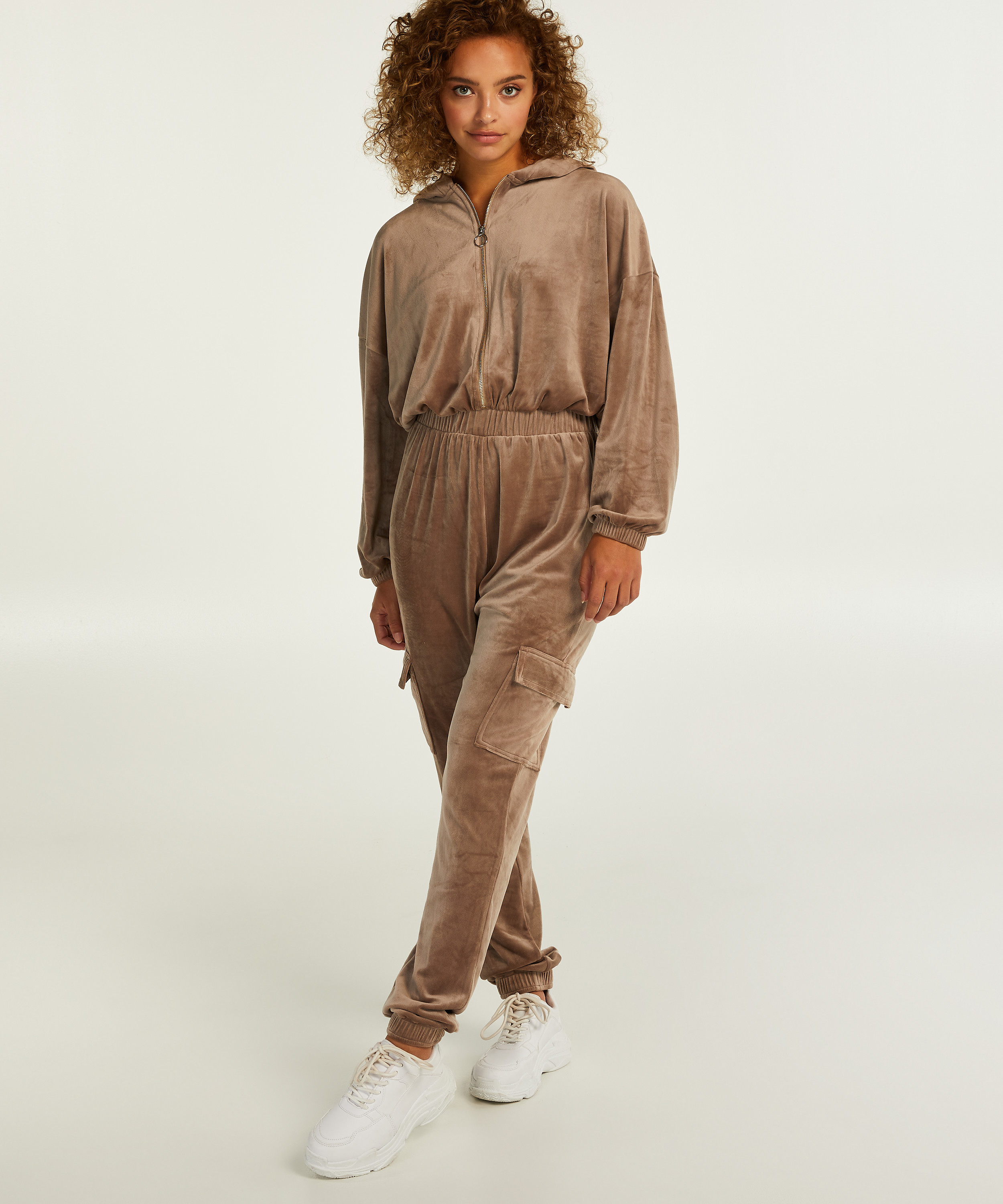 Jumpsuit Hoodie Velours, Bruin, main