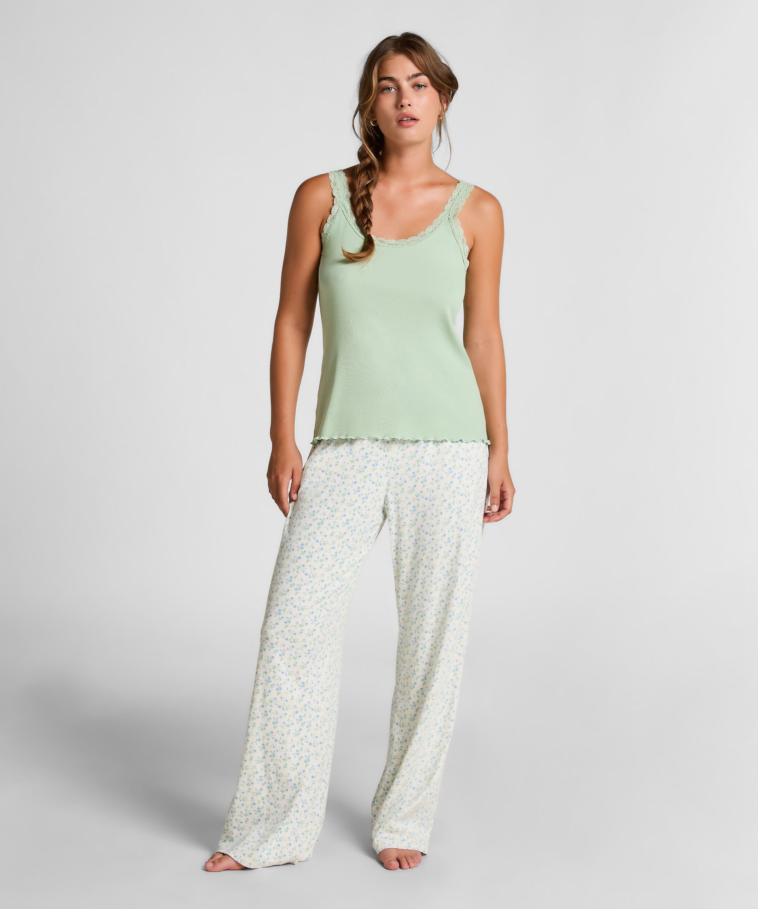 Rib Jersey Singlet met Kant, Groen