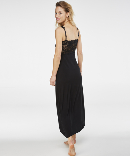 Slipdress Modal lace long, Zwart