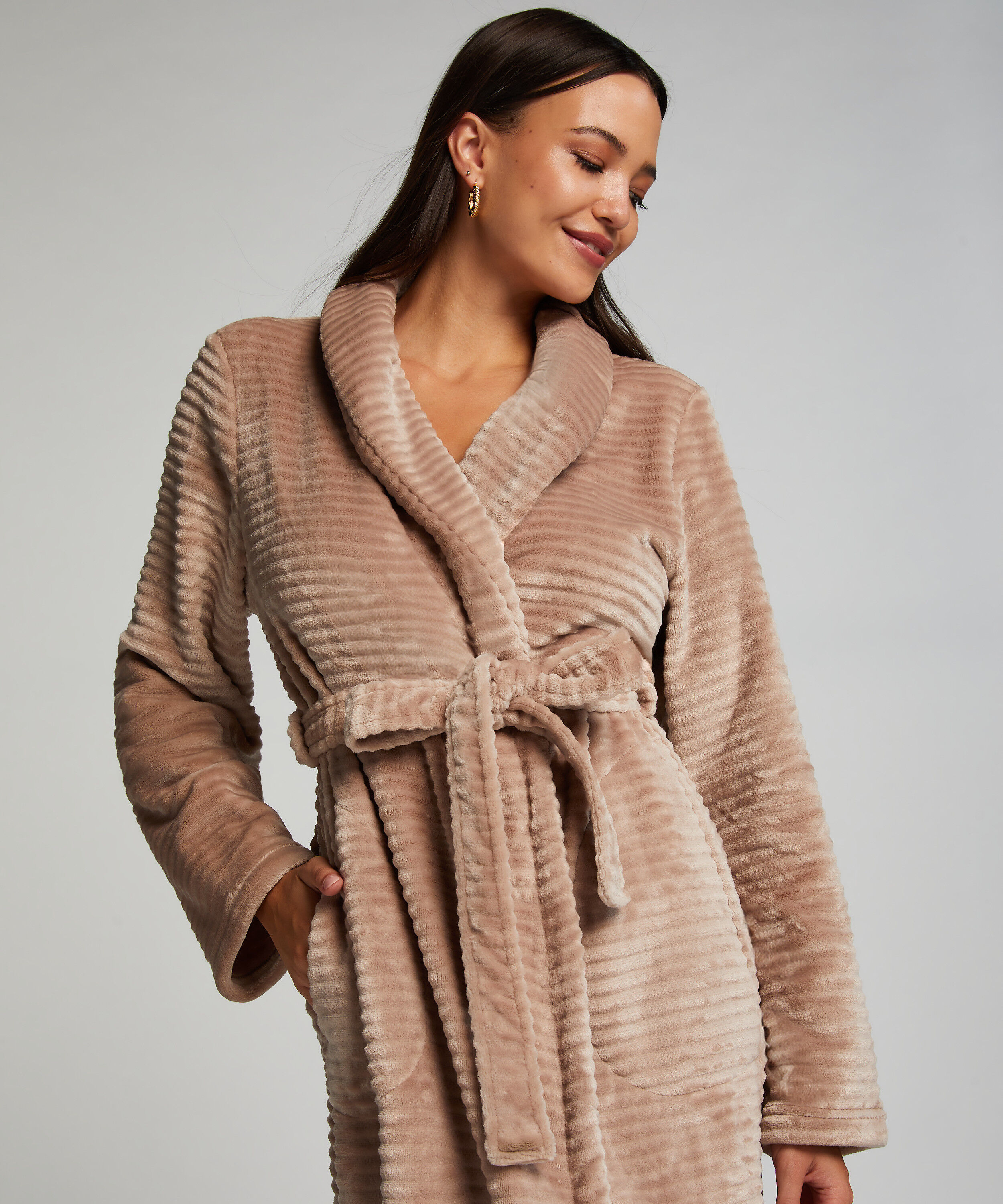 Lange badjas Fleece rib, Beige