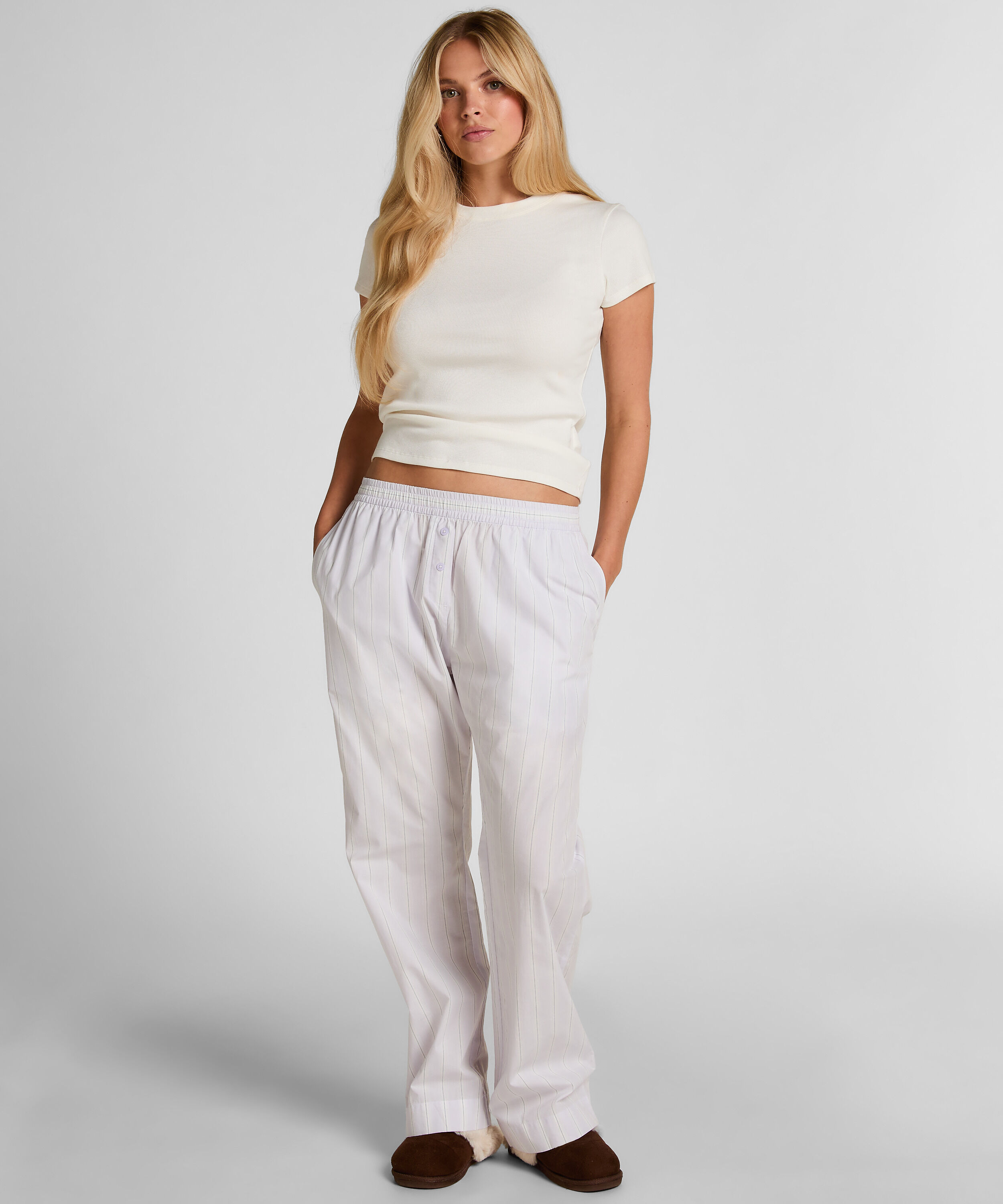 Pantalon en coton tissé à rayures, Pourpre Pantalon en coton tissé à rayures, Pourpre